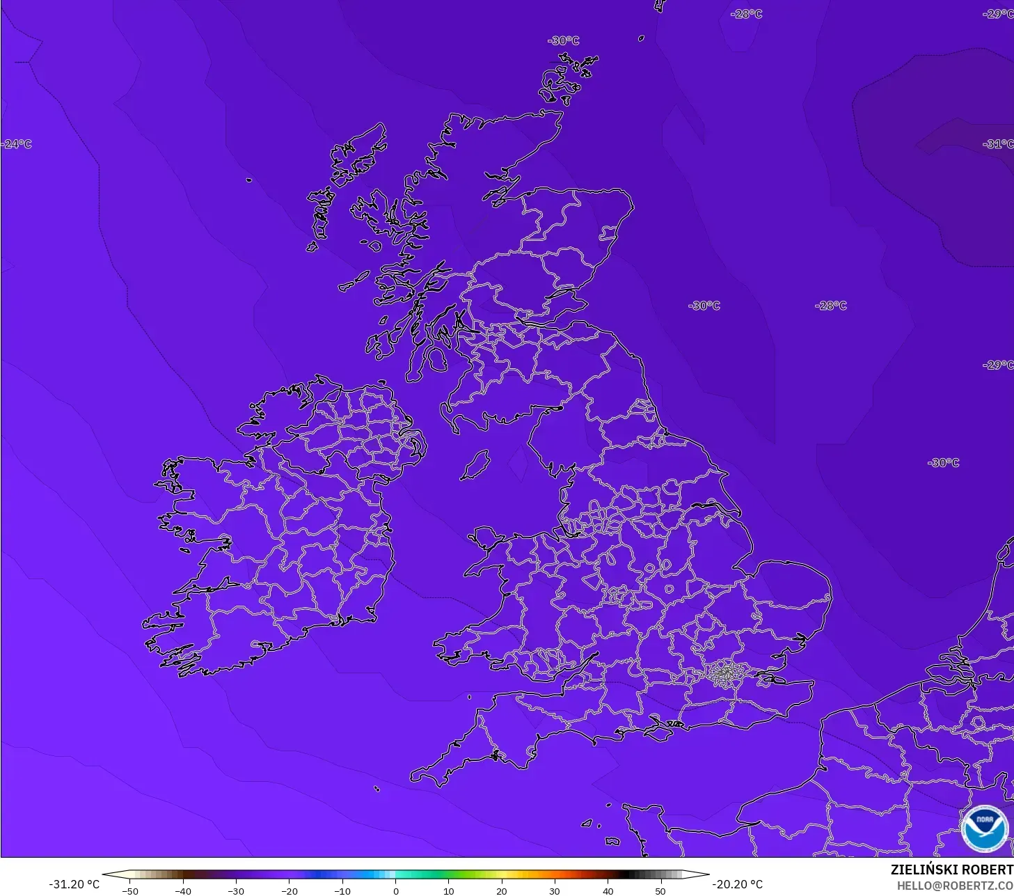 GFS modelo - Reino Unido, Temperatura a 500 hPa