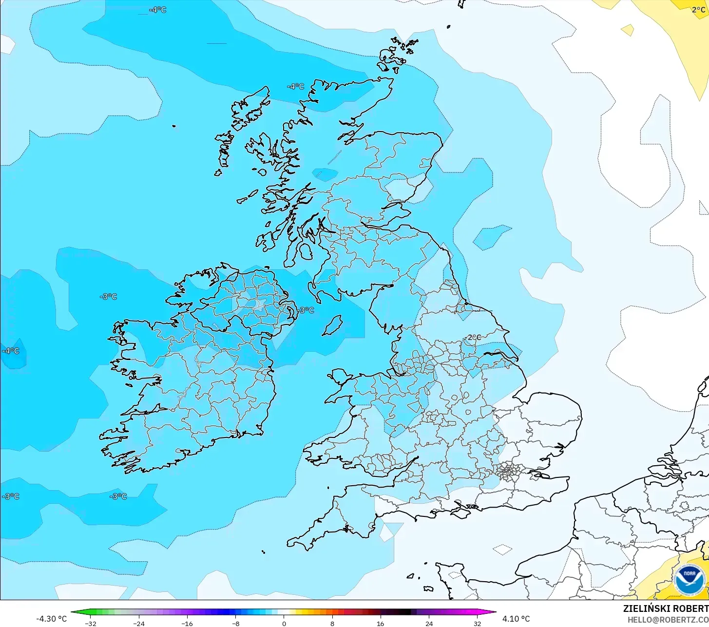 GFS modelo - Reino Unido, Anomalía de temperatura a 850 hPa