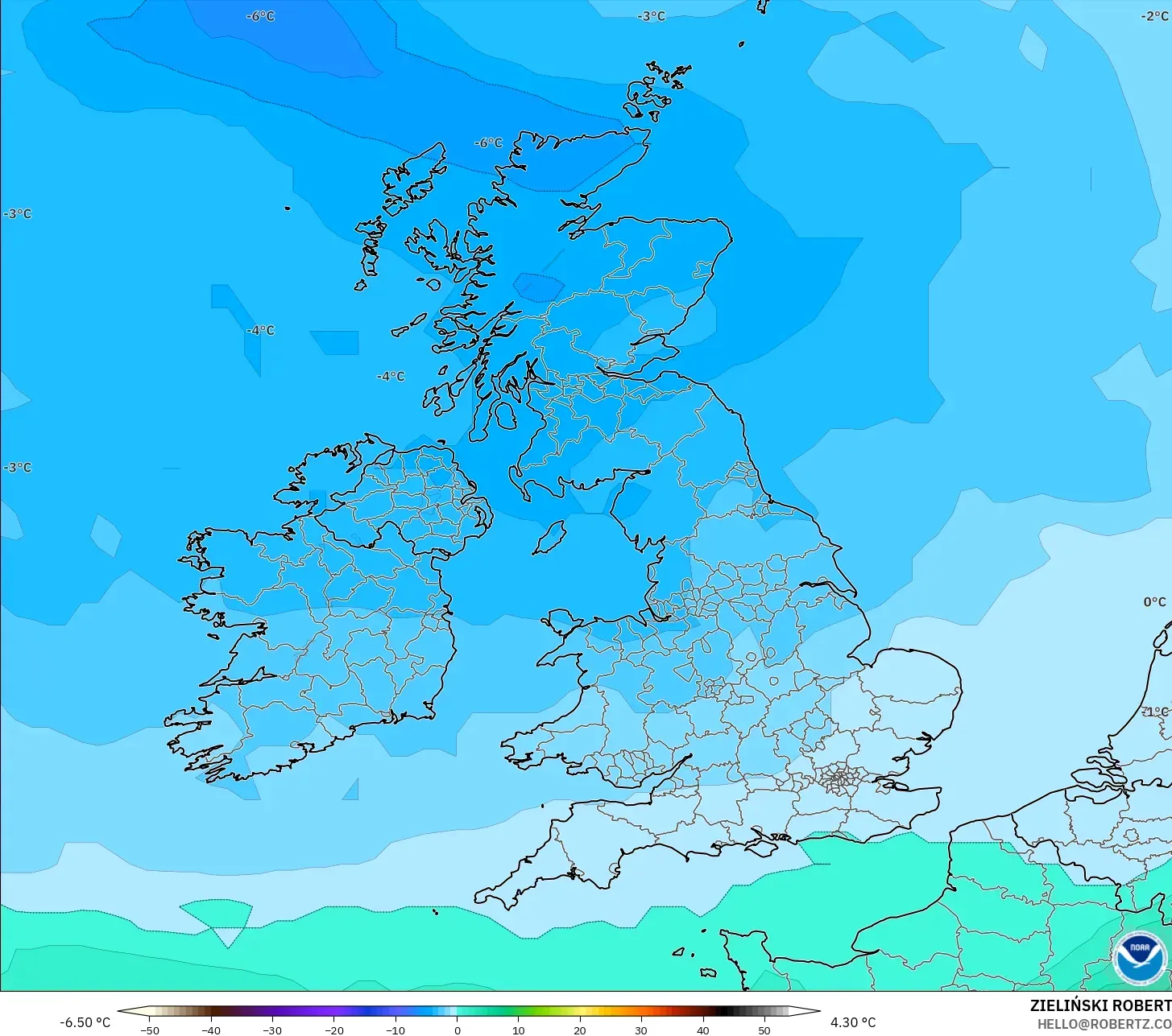 GFS modelo - Reino Unido, Temperatura a 850 hPa