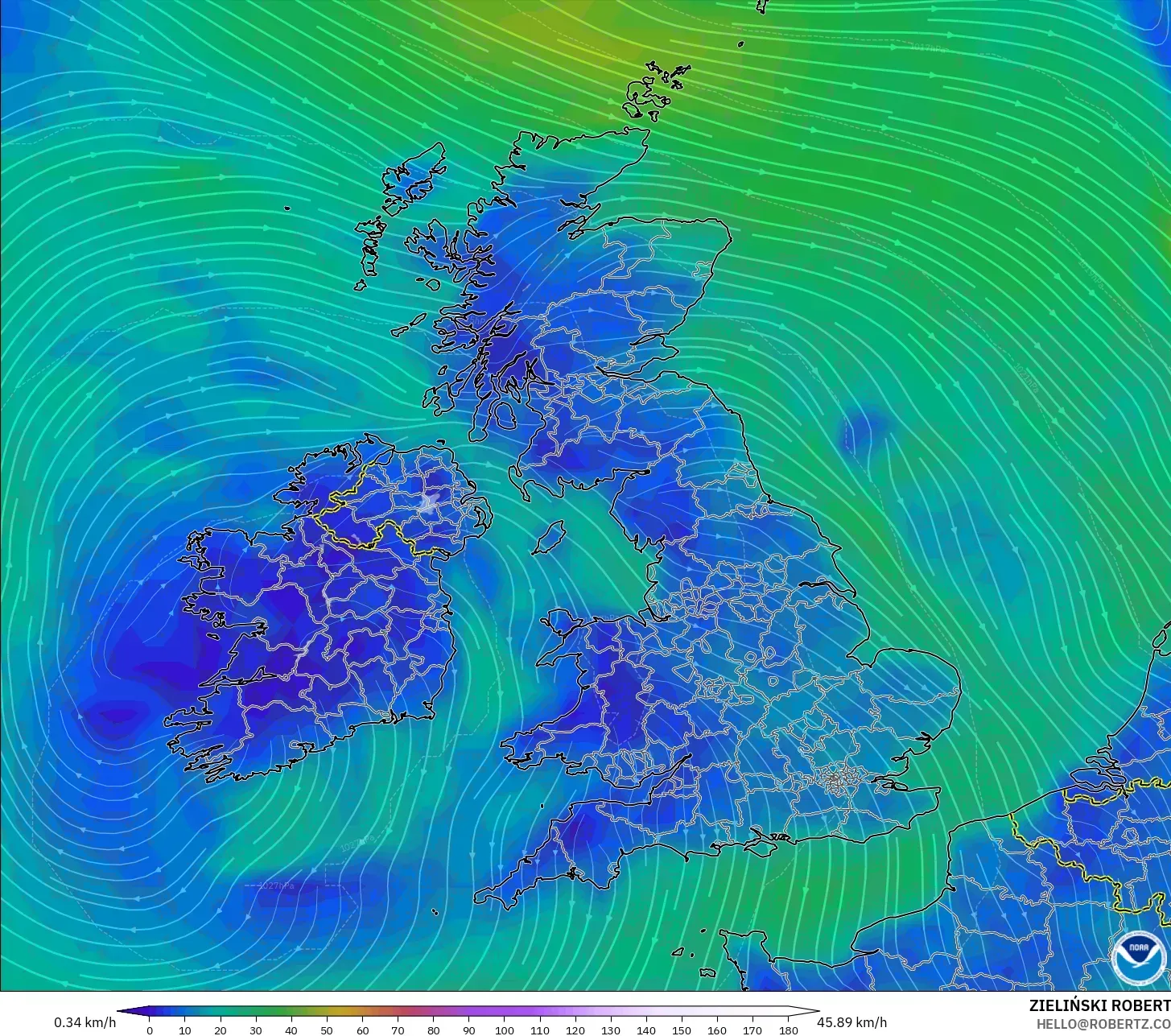 GFS modelo - Reino Unido, Viento a 10 m