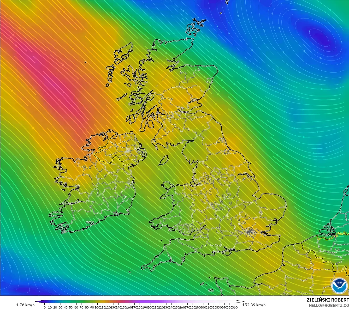 GFS modelo - Reino Unido, Viento a 300 hPa (corriente en chorro)
