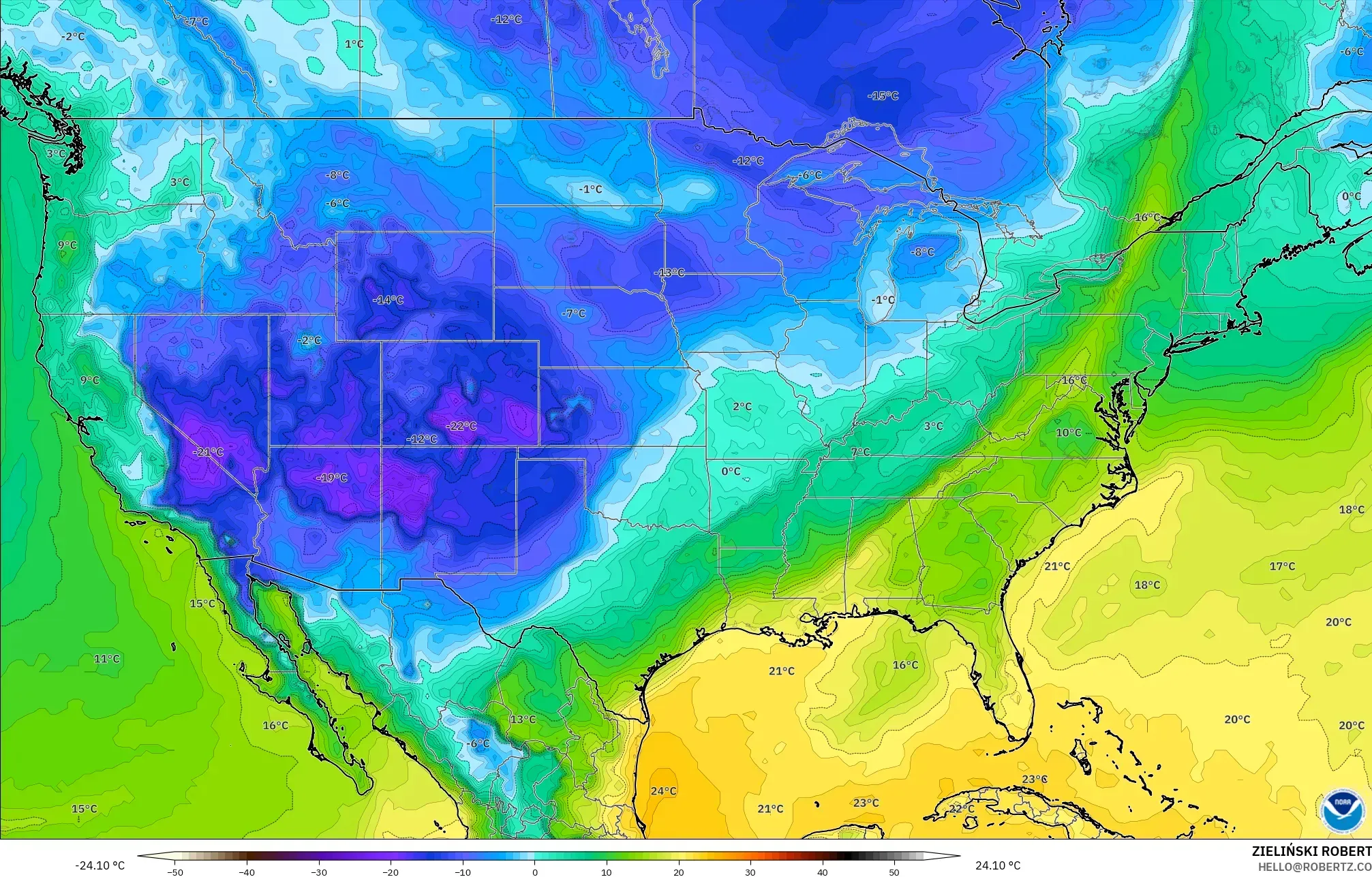 GFS modelo - Estados Unidos, Punto de rocío a 2 m