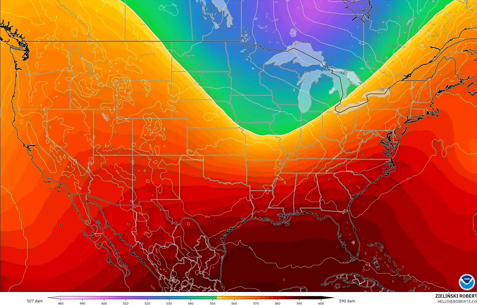 GFS modelo - Estados Unidos, Altura geopotencial a 500 hPa