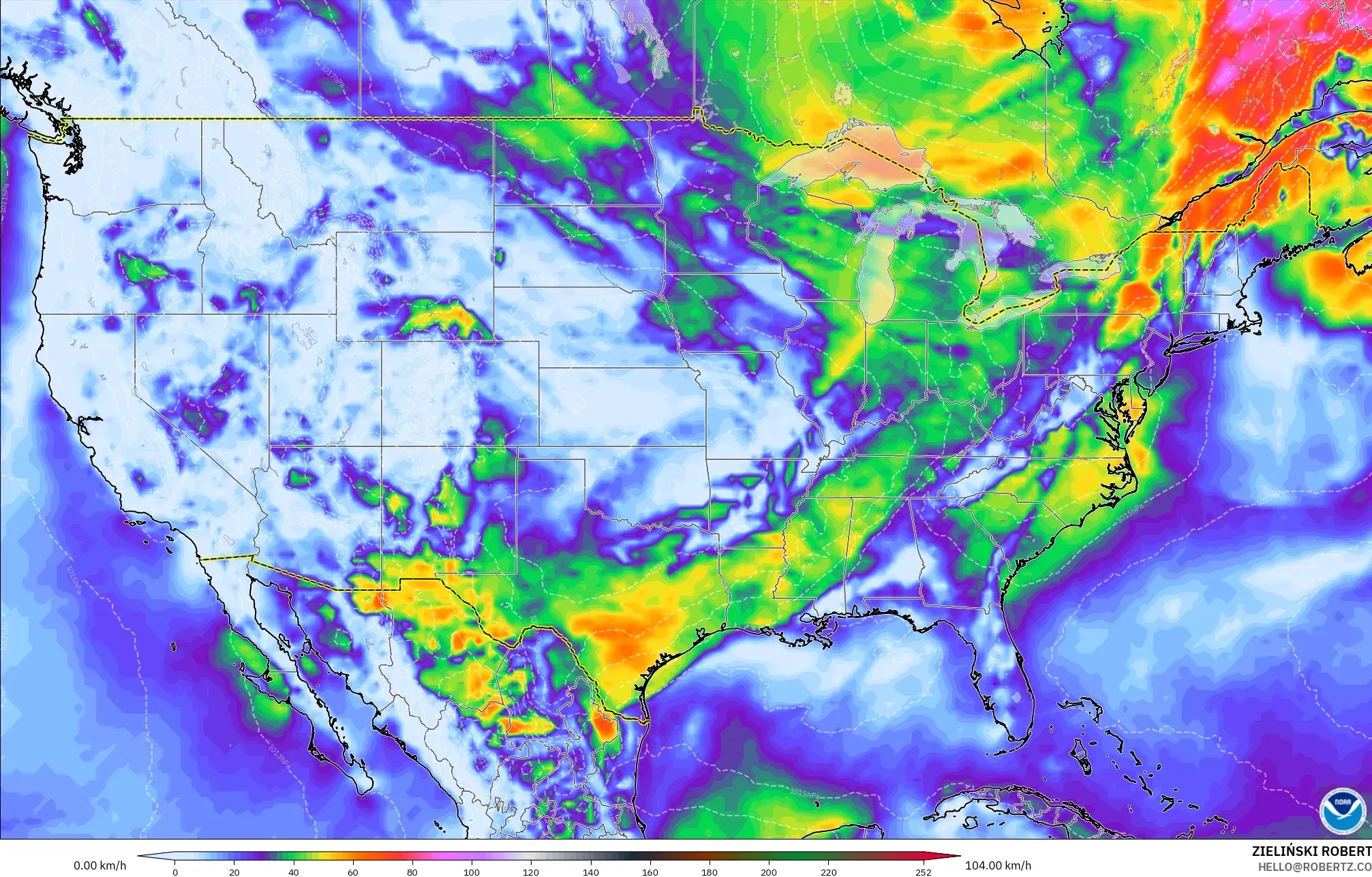 GFS modelo - Estados Unidos, Ráfagas de Viento Máximas