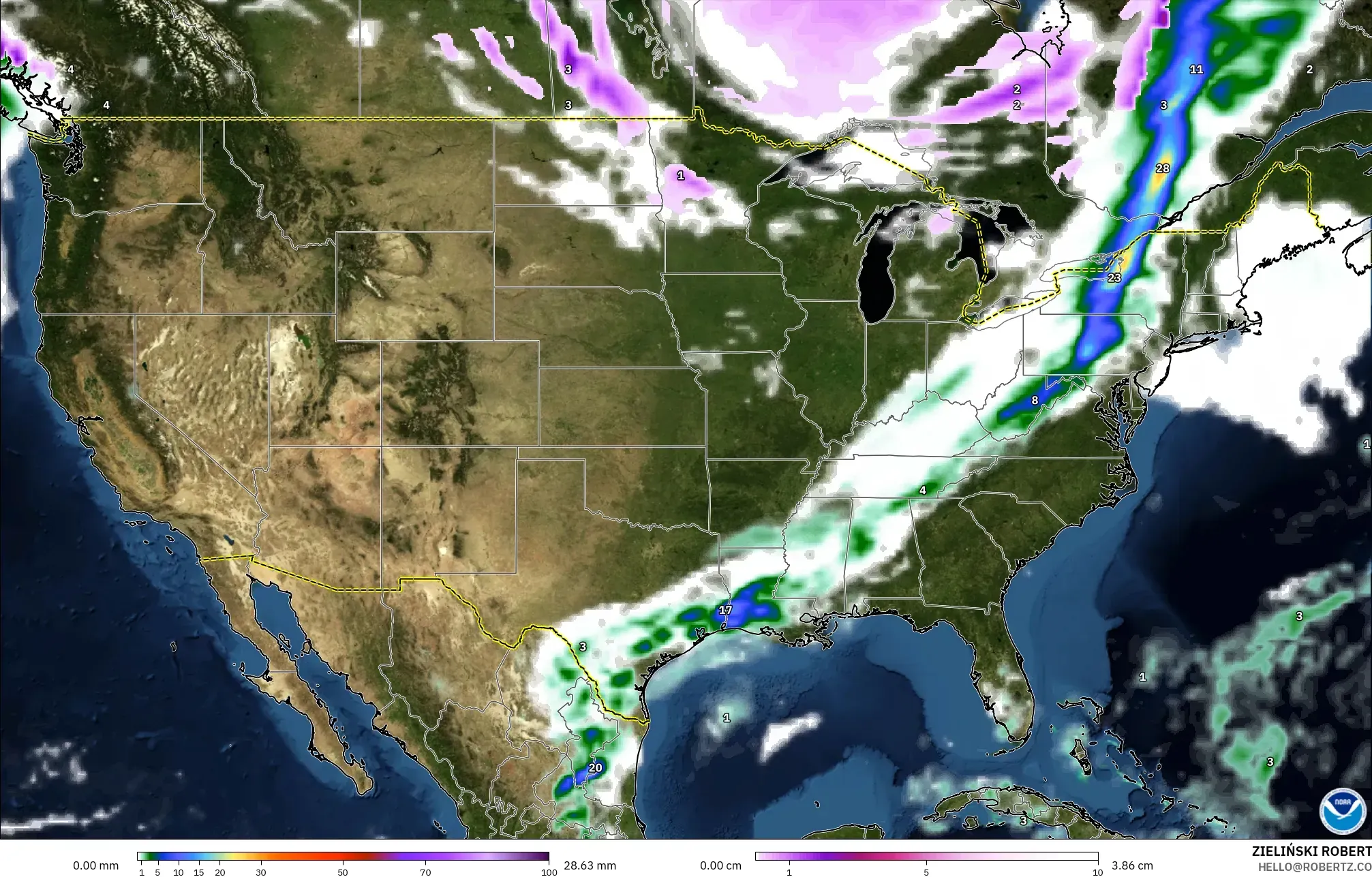 GFS modelo - Estados Unidos, Precipitación, nubes y presión