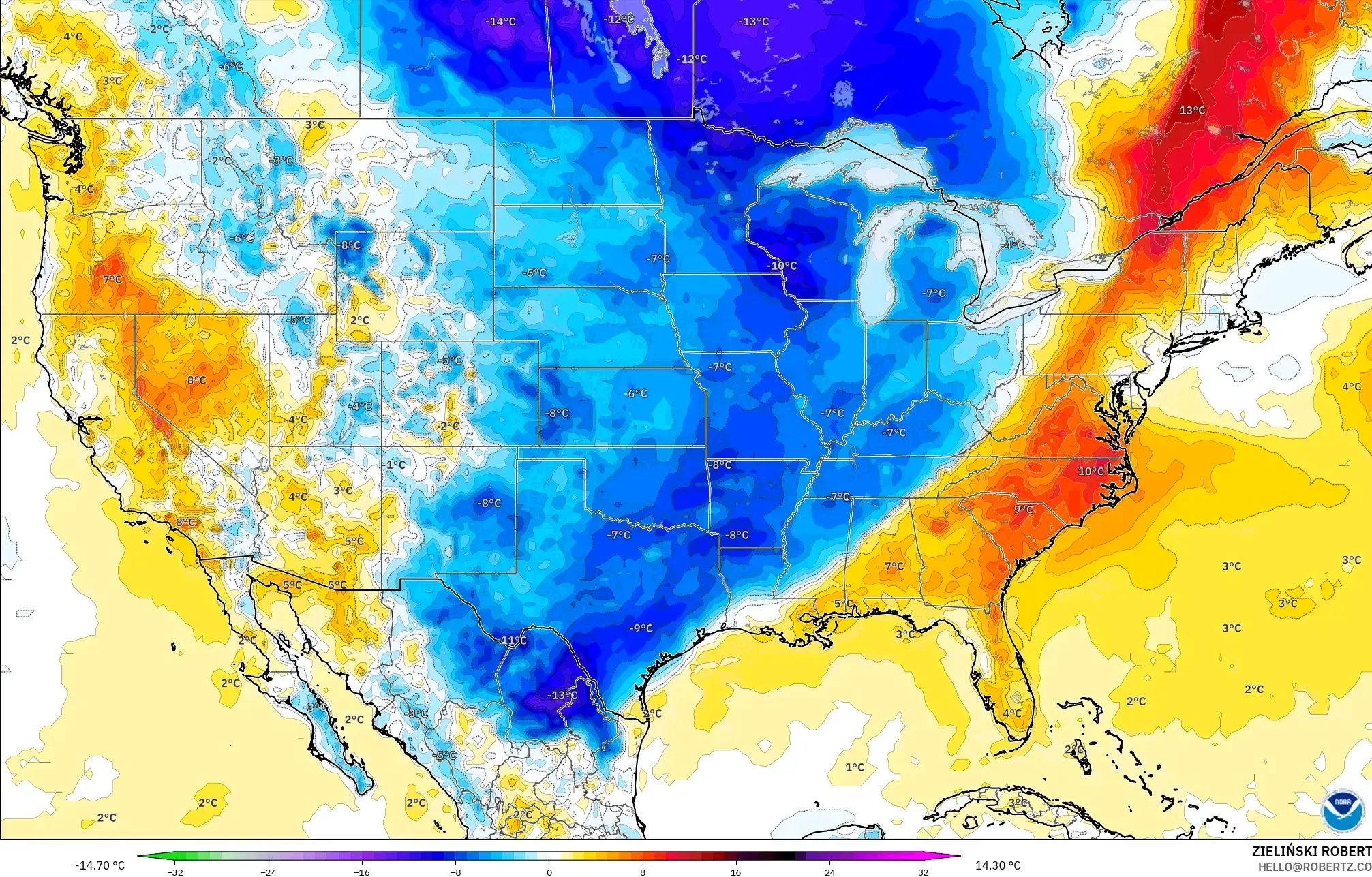 GFS modelo - Estados Unidos, Anomalía de temperatura a 2 m