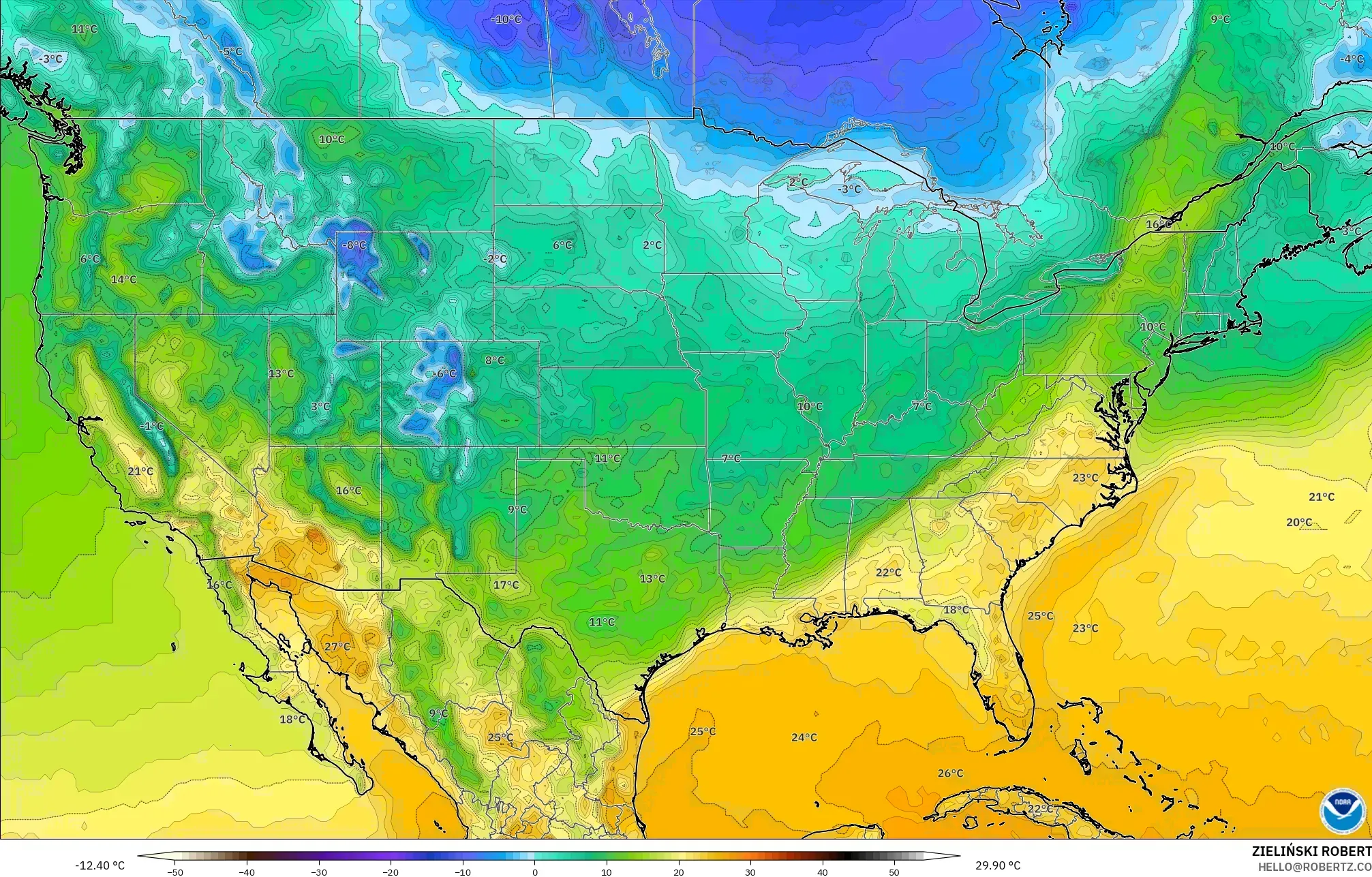 GFS modelo - Estados Unidos, Temperatura a 2 m
