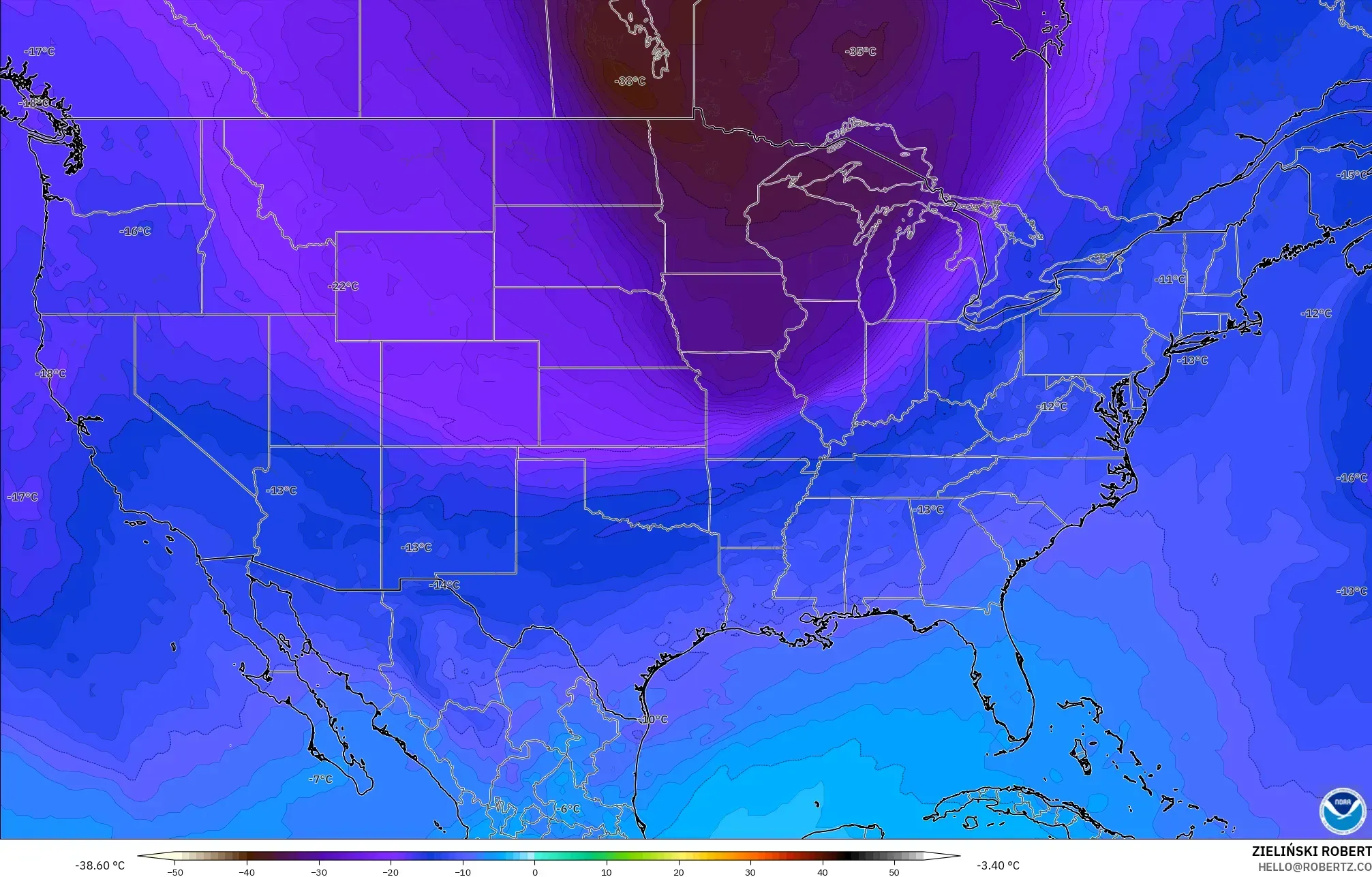 GFS modelo - Estados Unidos, Temperatura a 500 hPa