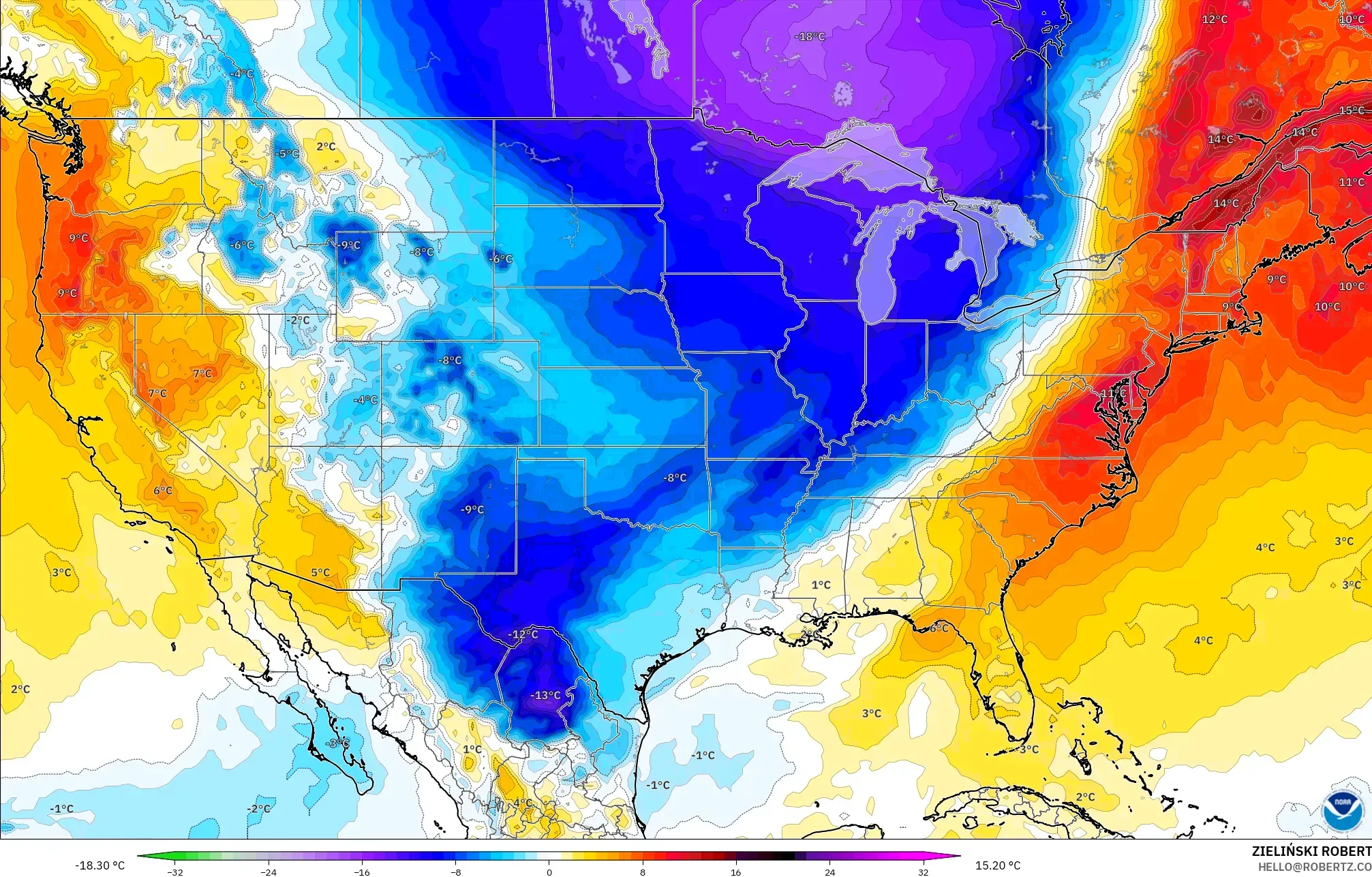 GFS modelo - Estados Unidos, Anomalía de temperatura a 850 hPa