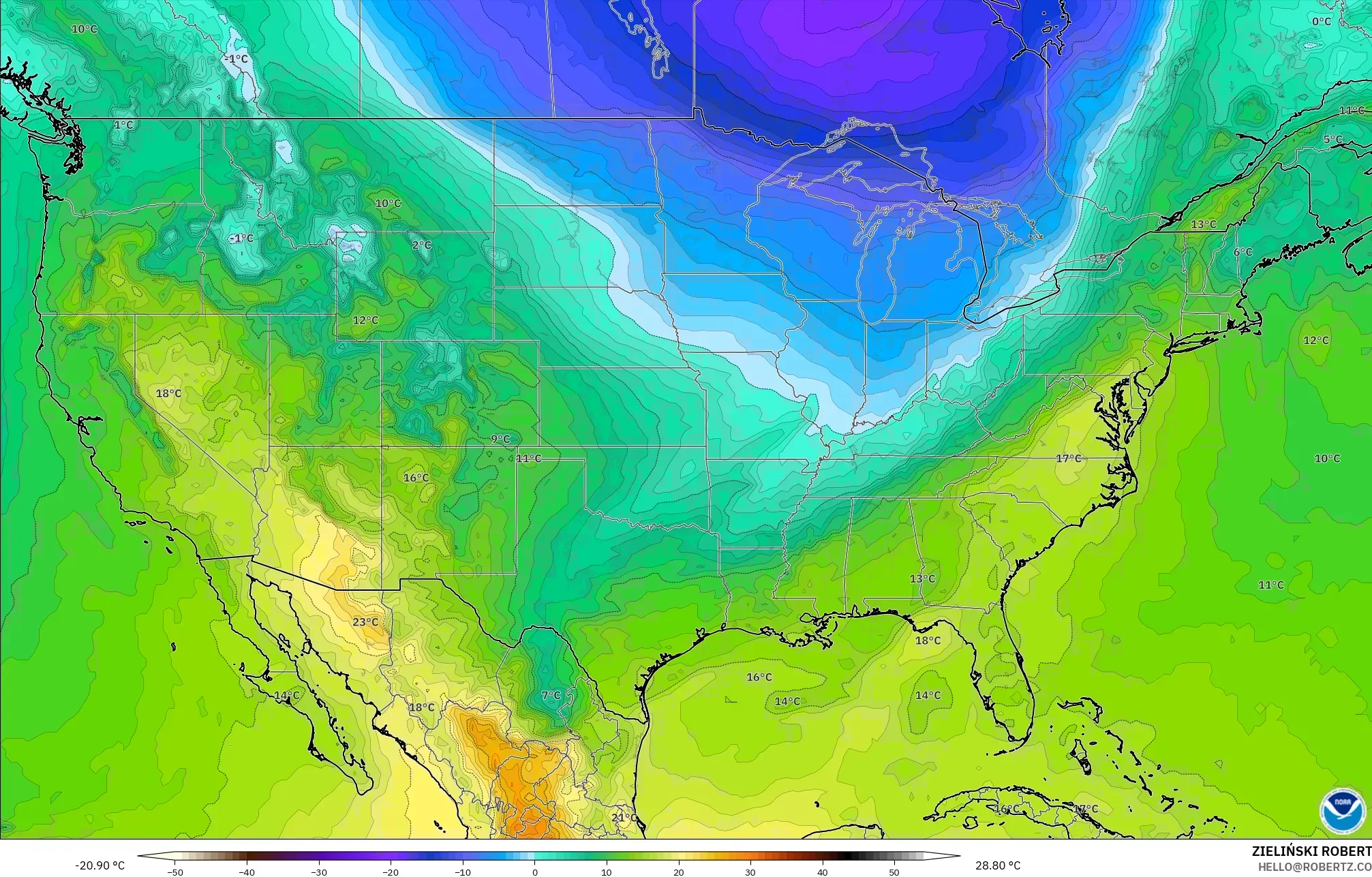 GFS modelo - Estados Unidos, Temperatura a 850 hPa