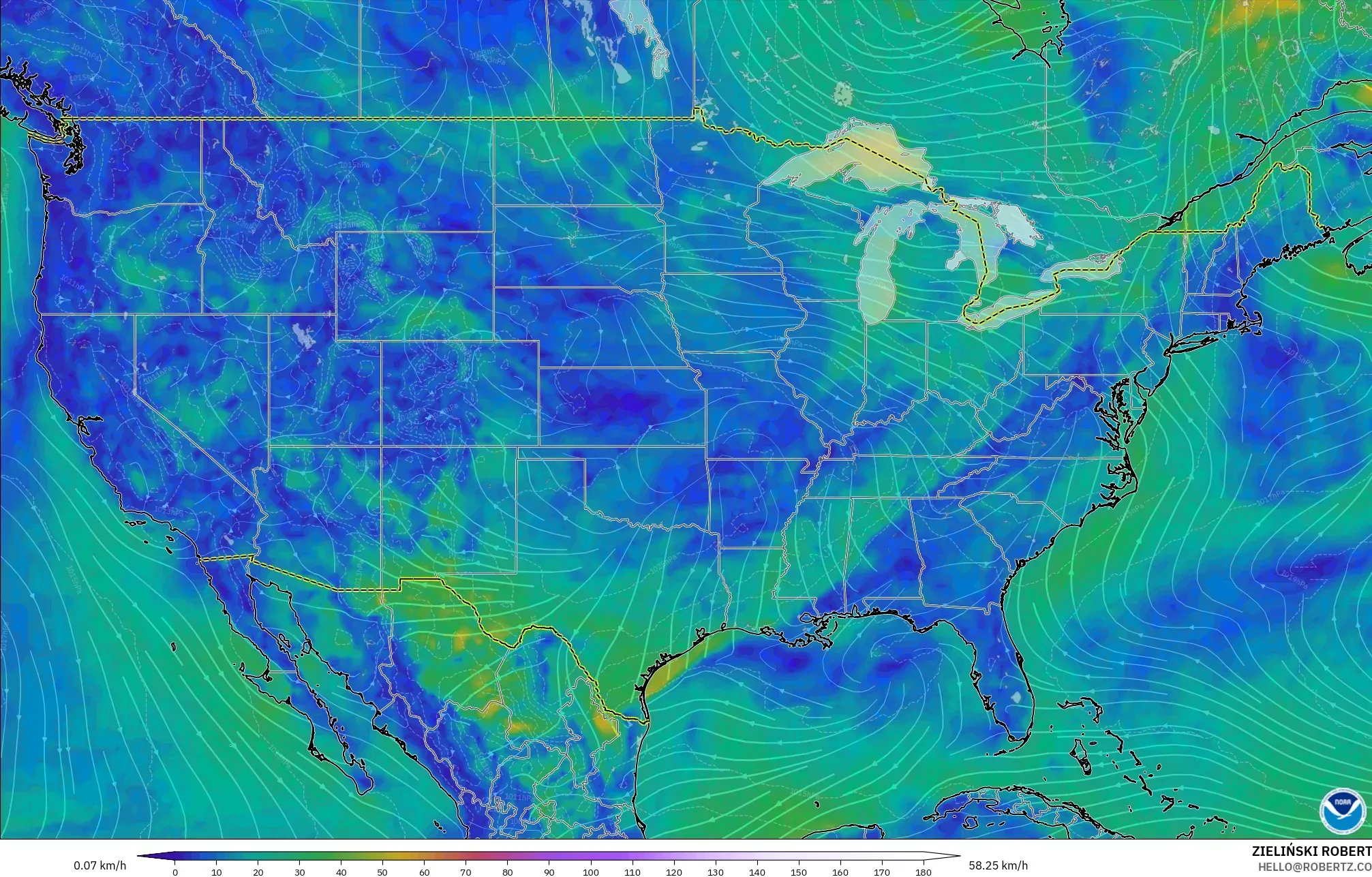 GFS modelo - Estados Unidos, Viento a 10 m
