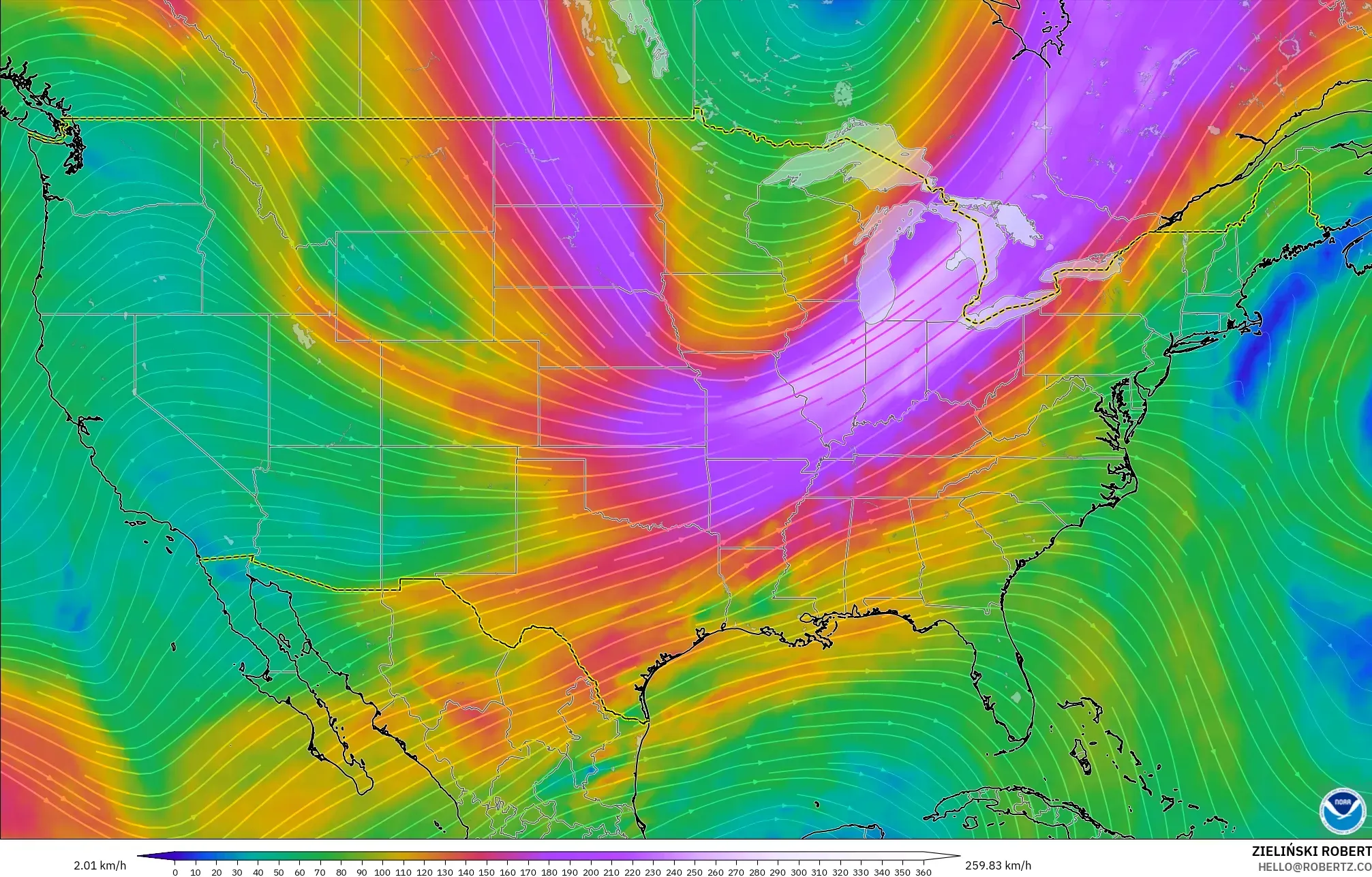 GFS modelo - Estados Unidos, Viento a 300 hPa (corriente en chorro)