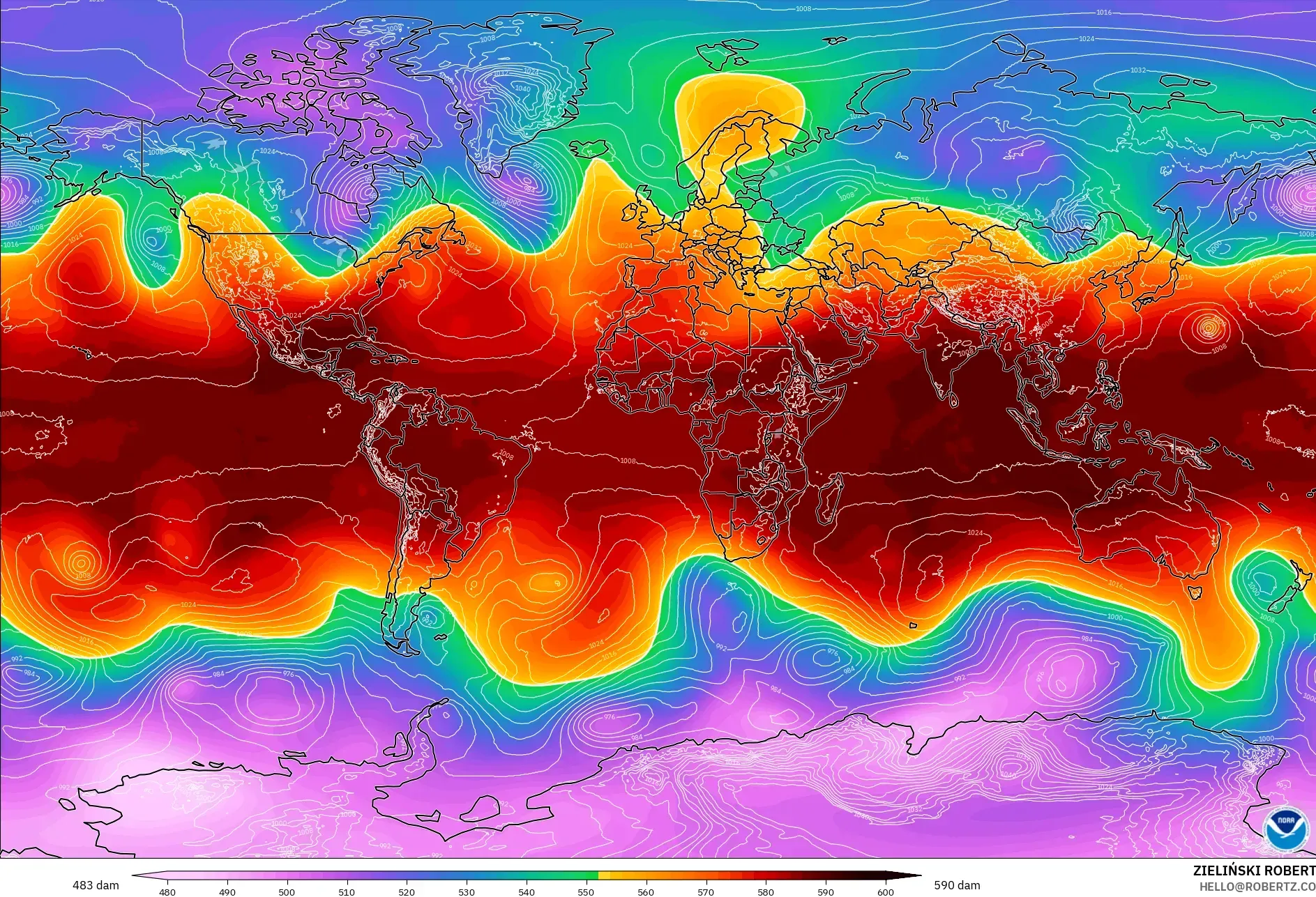 GFS modelo - Mundo, Altura geopotencial a 500 hPa