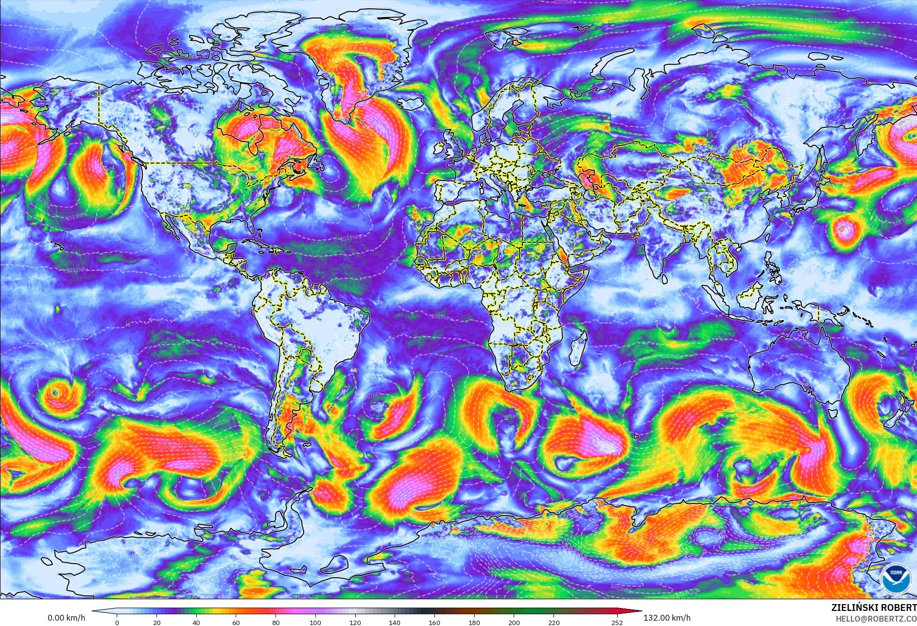 GFS modelo - Mundo, Ráfagas de viento