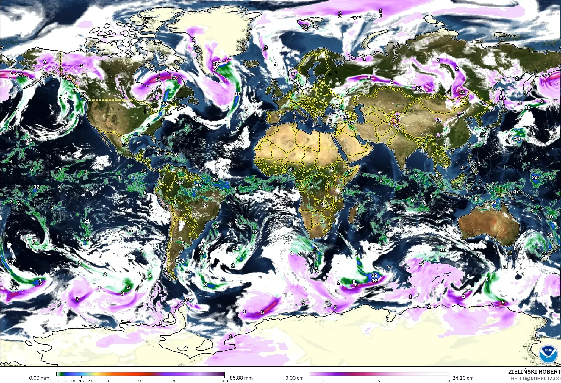 GFS modelo - Mundo, Precipitación, nubes y presión