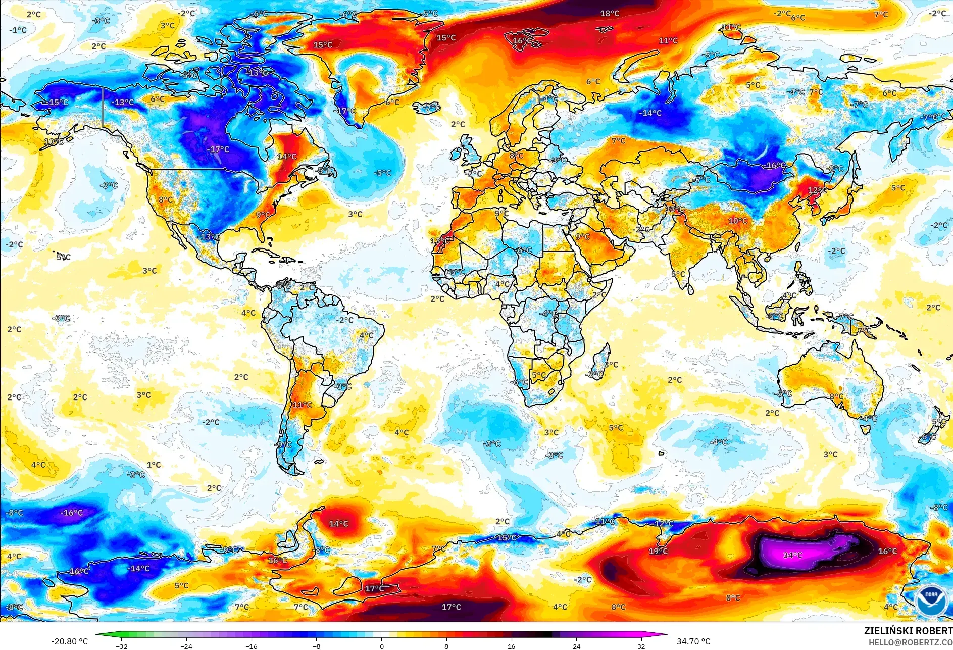 GFS modelo - Mundo, Anomalía de temperatura a 2 m