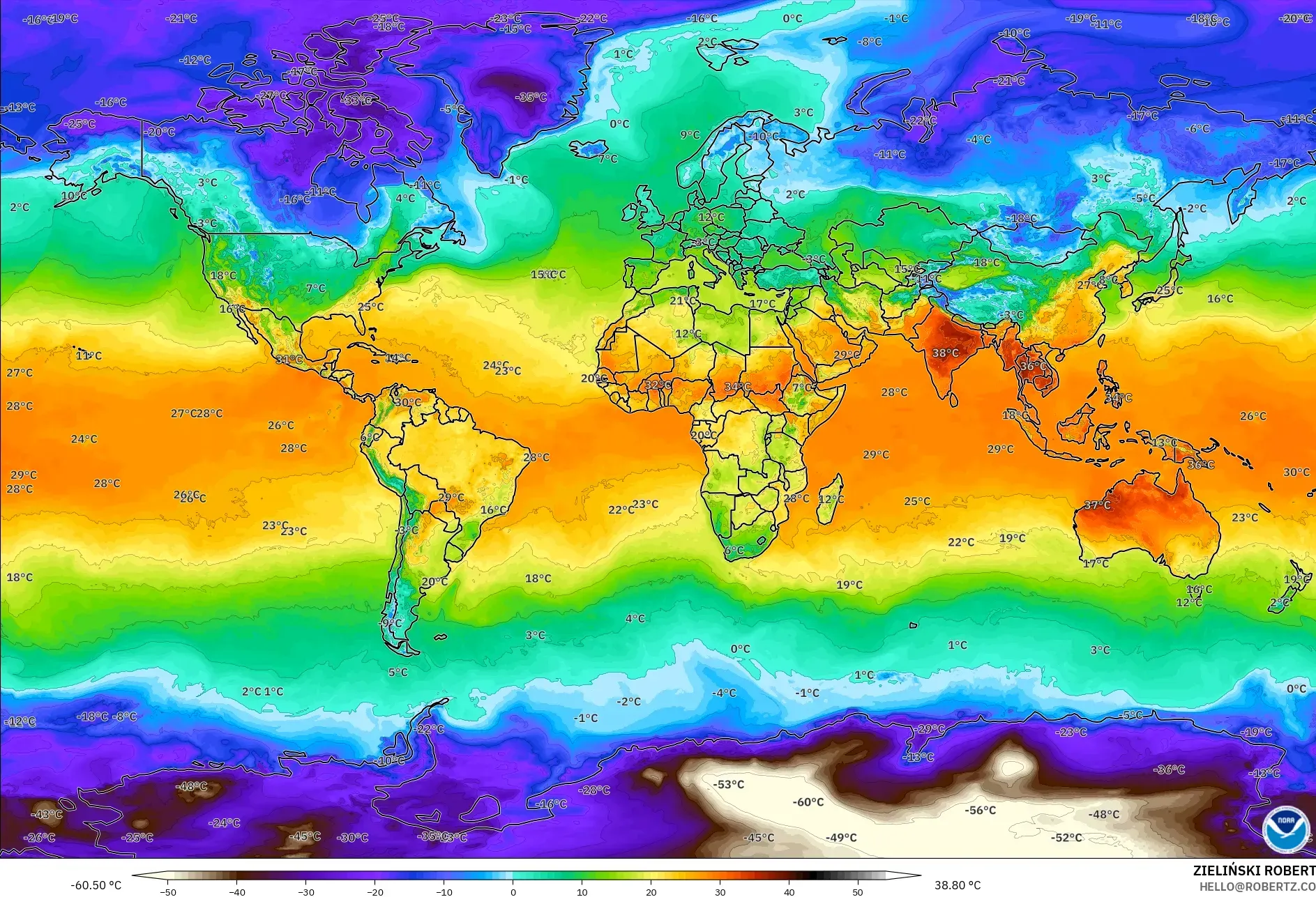 GFS modelo - Mundo, Temperatura a 2 m