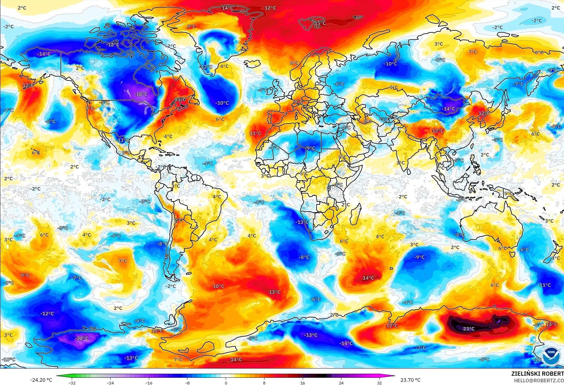 GFS modelo - Mundo, Anomalía de temperatura a 850 hPa