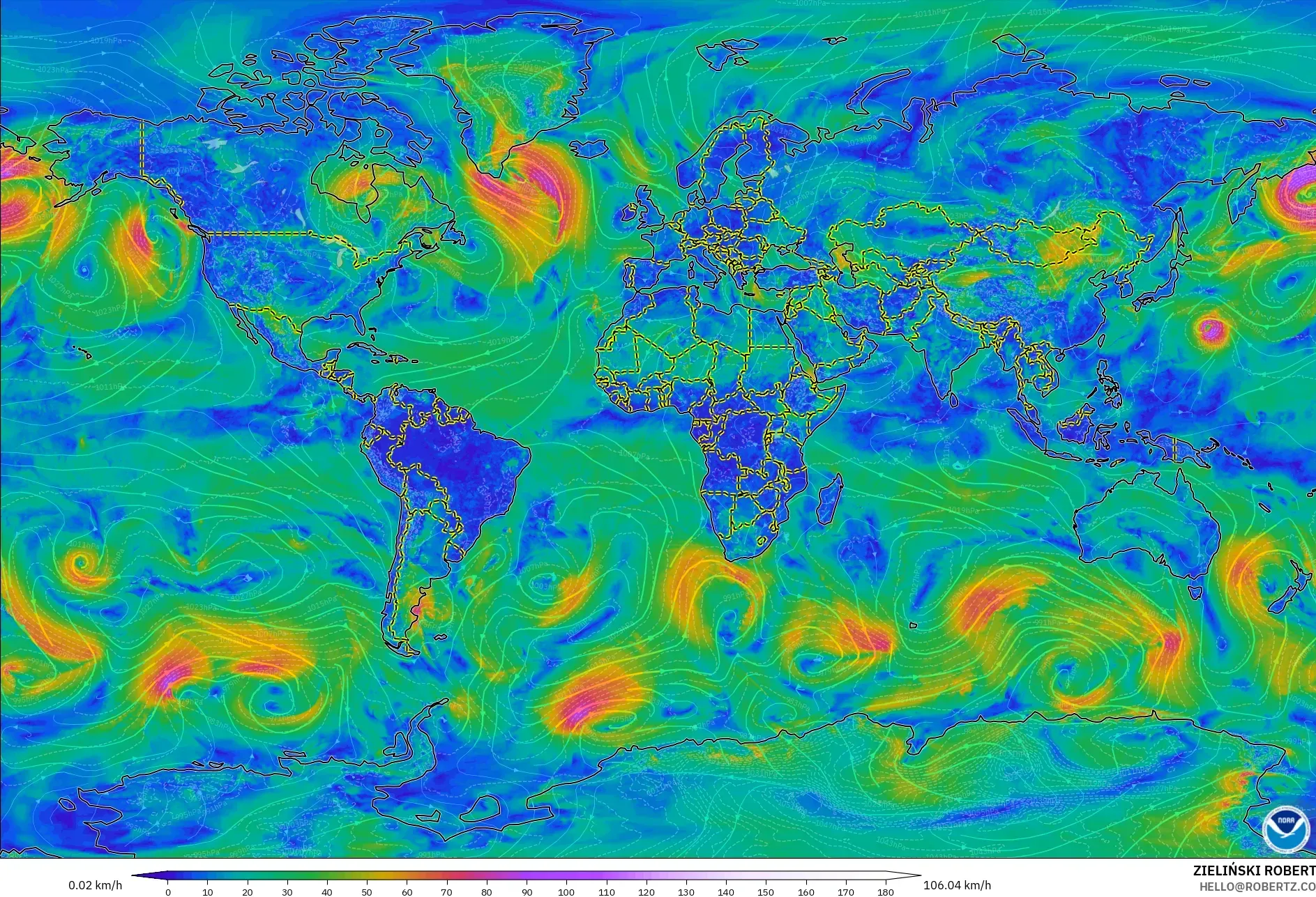 GFS modelo - Mundo, Viento a 10 m
