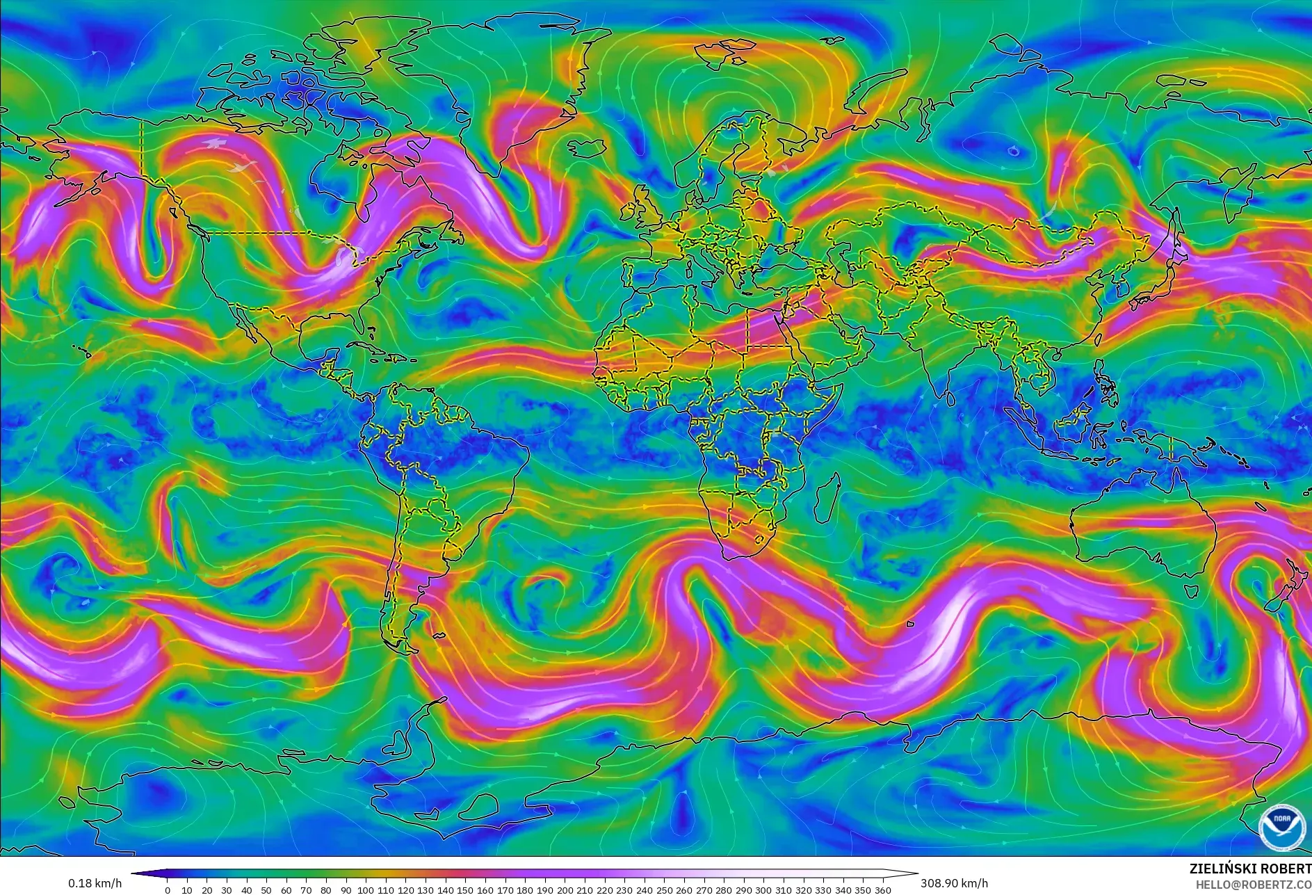 GFS modelo - Mundo, Viento a 300 hPa (corriente en chorro)