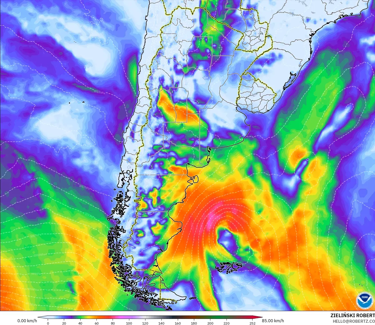 GFS modelo - Argentina, Ráfagas de viento
