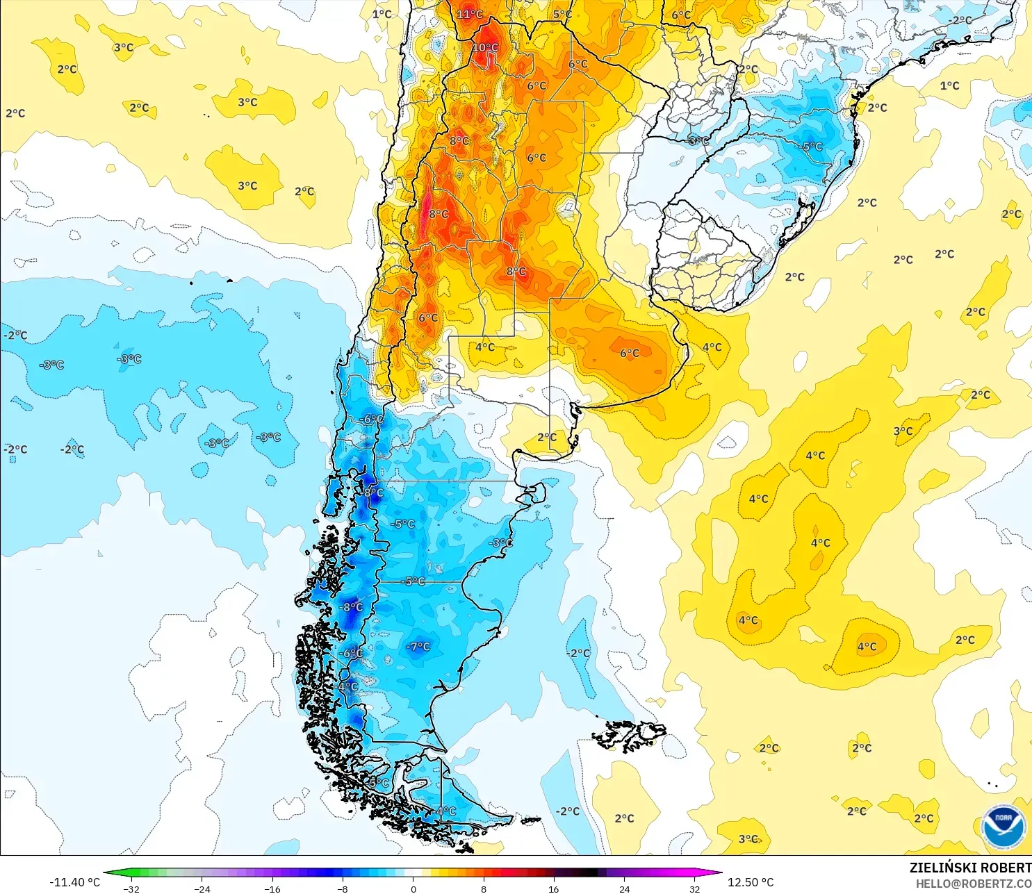 GFS modelo - Argentina, Anomalía de temperatura a 2 m