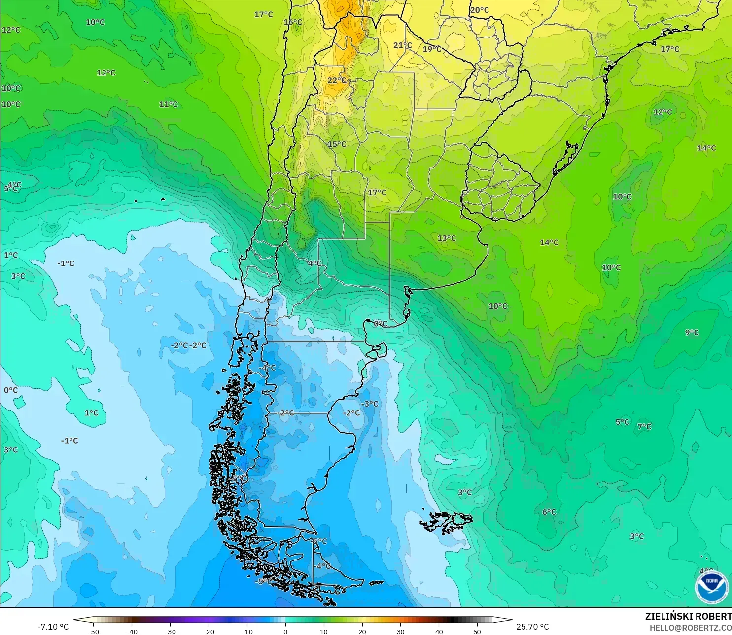GFS modelo - Argentina, Temperatura a 850 hPa