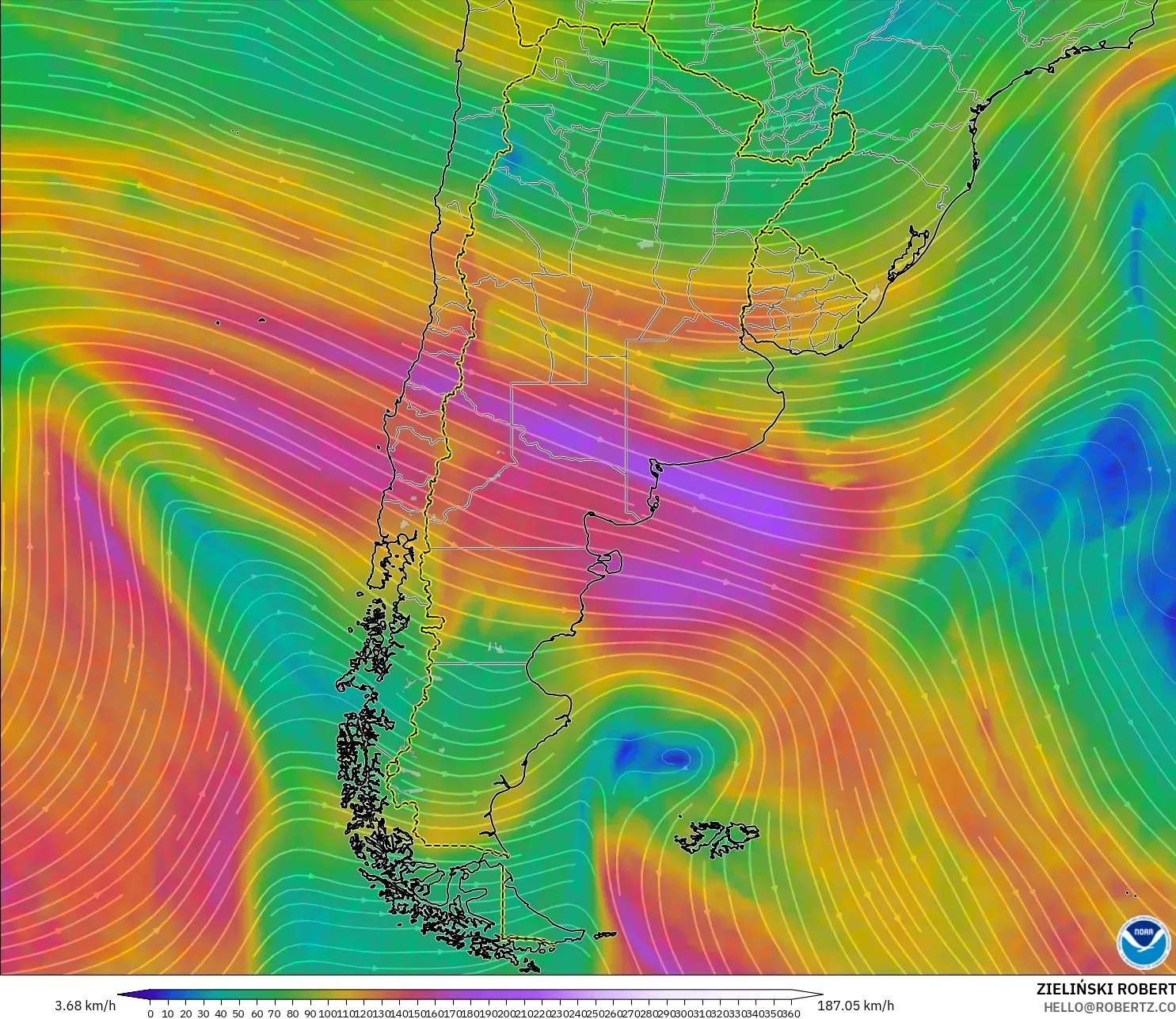 GFS modelo - Argentina, Viento a 300 hPa (corriente en chorro)