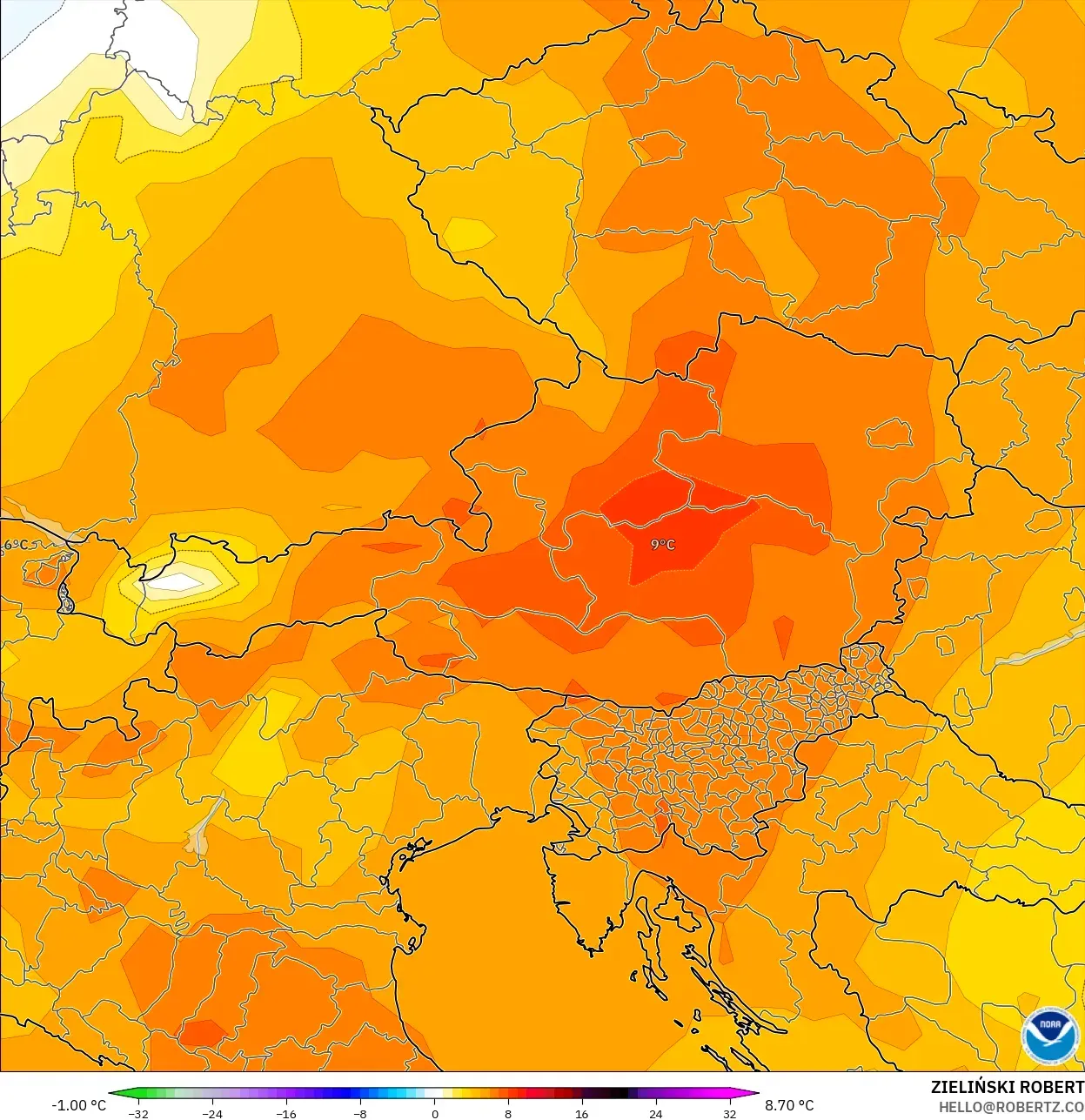 GFS modelo - Austria, Anomalía de temperatura a 850 hPa