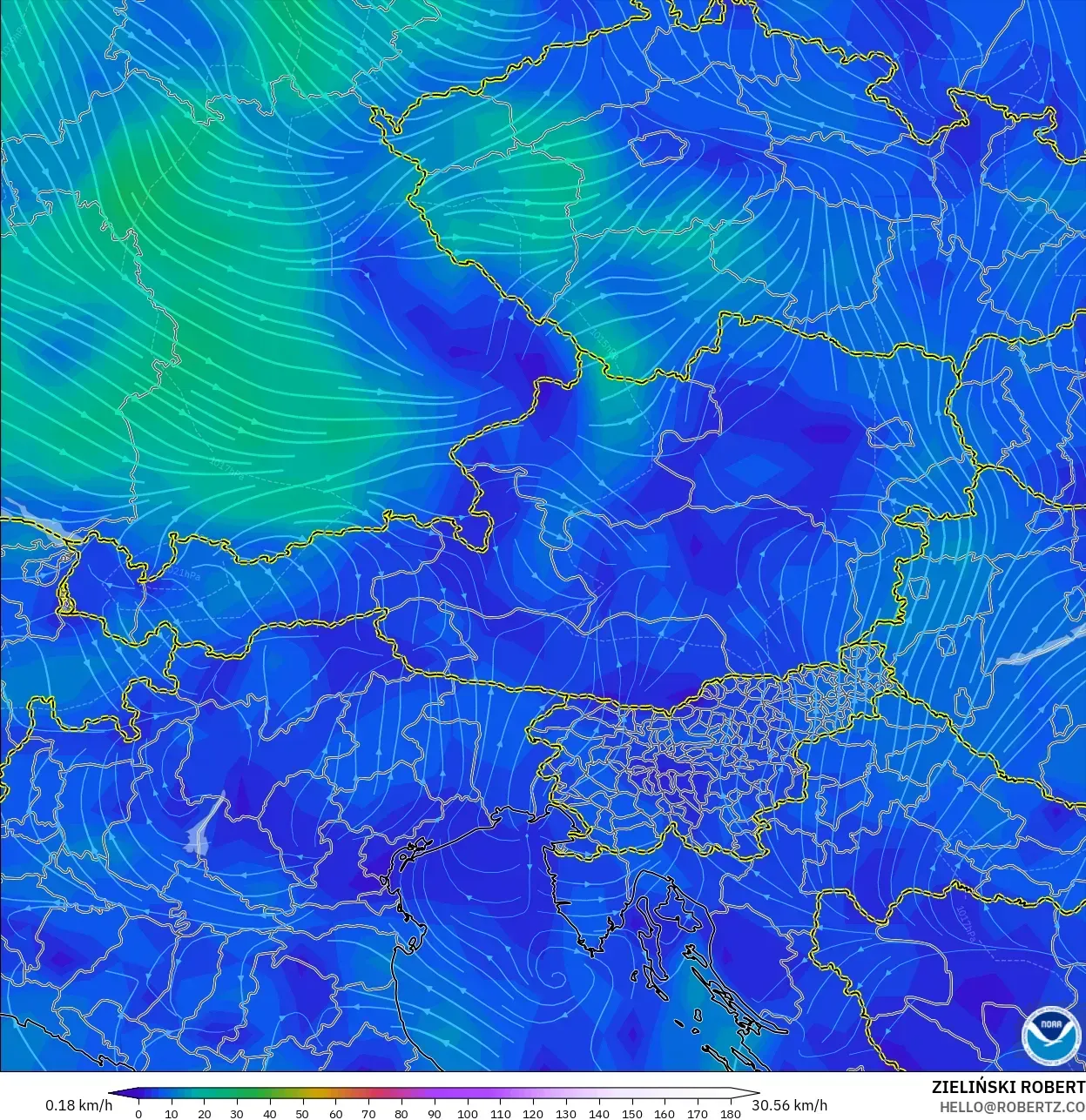 GFS modelo - Austria, Viento a 10 m