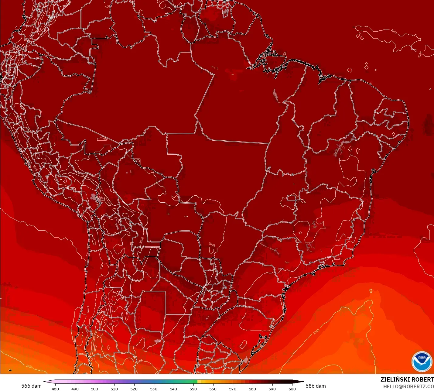 GFS modelo - Brasil, Altura geopotencial a 500 hPa