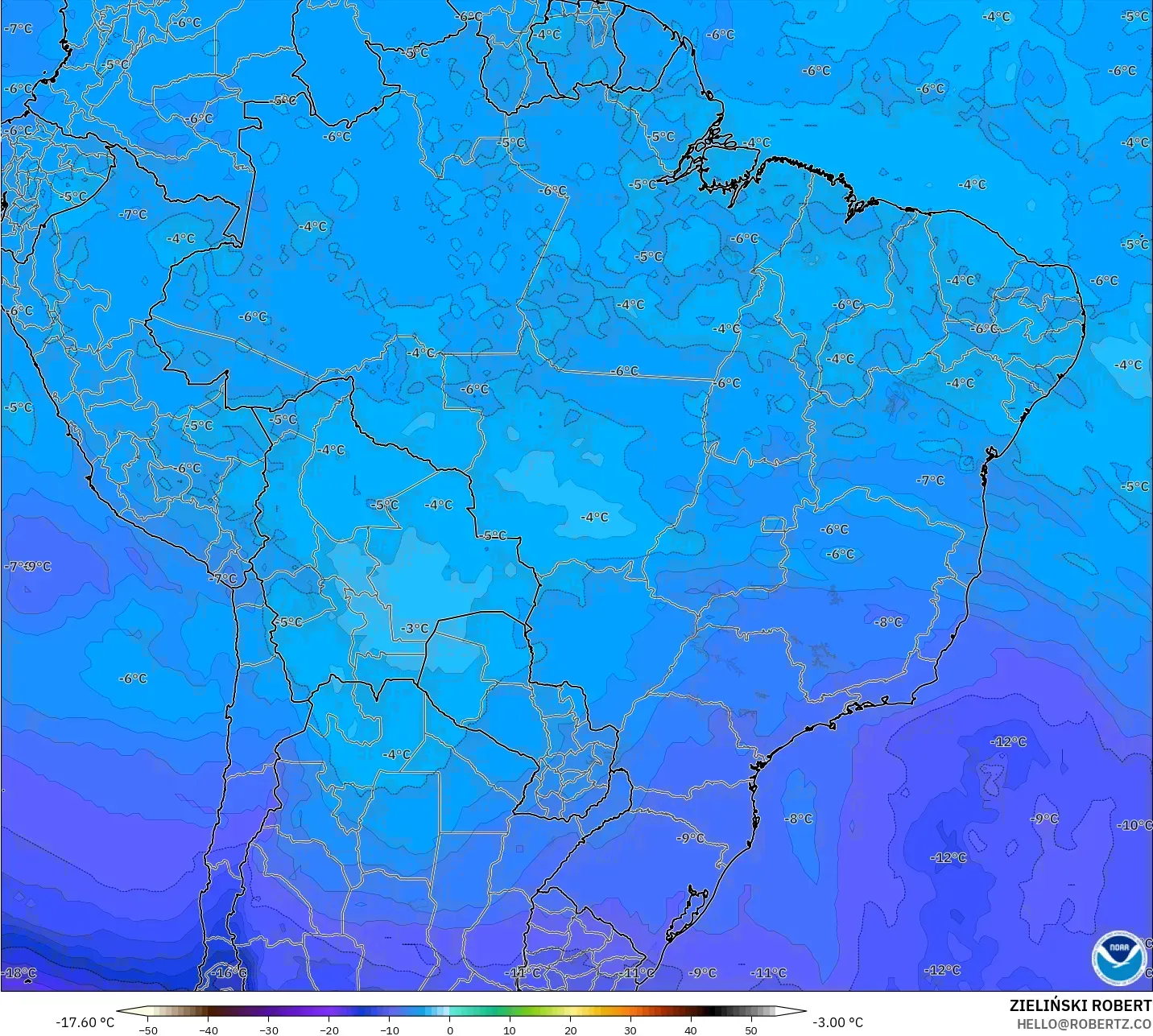 GFS modelo - Brasil, Temperatura a 500 hPa