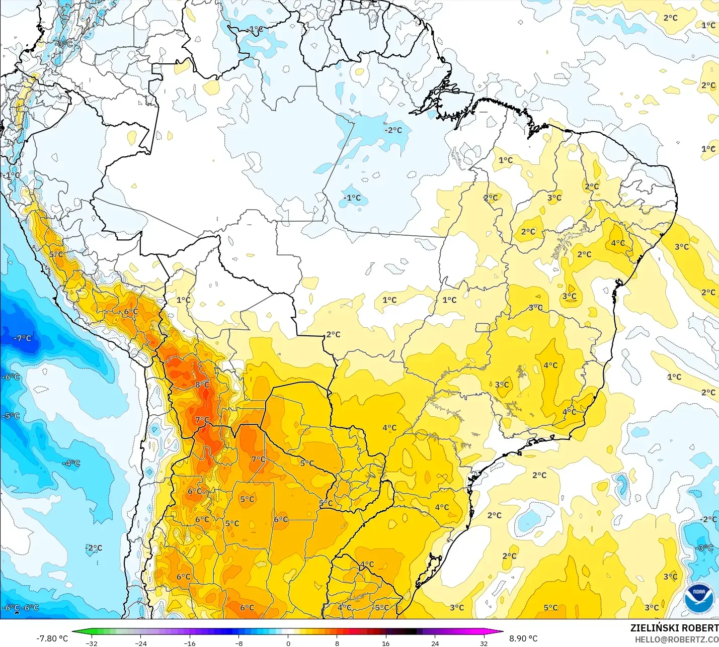 GFS modelo - Brasil, Anomalía de temperatura a 850 hPa