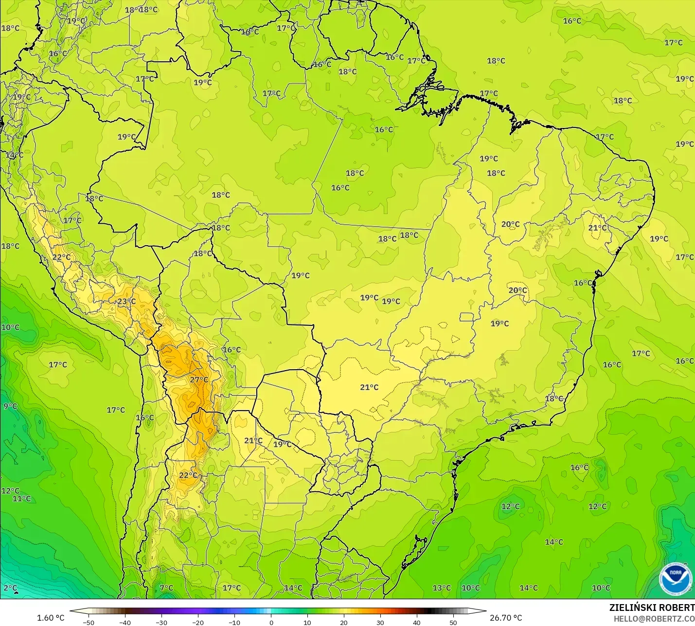 GFS modelo - Brasil, Temperatura a 850 hPa