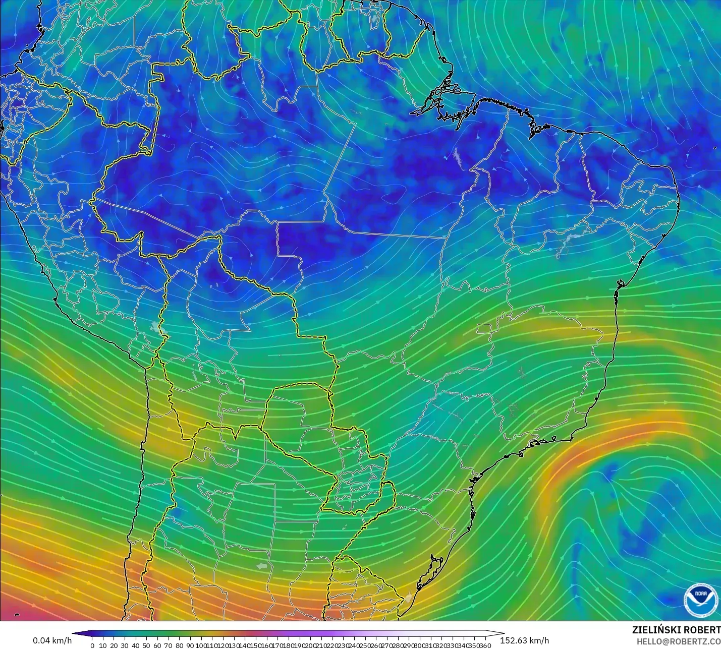 GFS modelo - Brasil, Viento a 300 hPa (corriente en chorro)