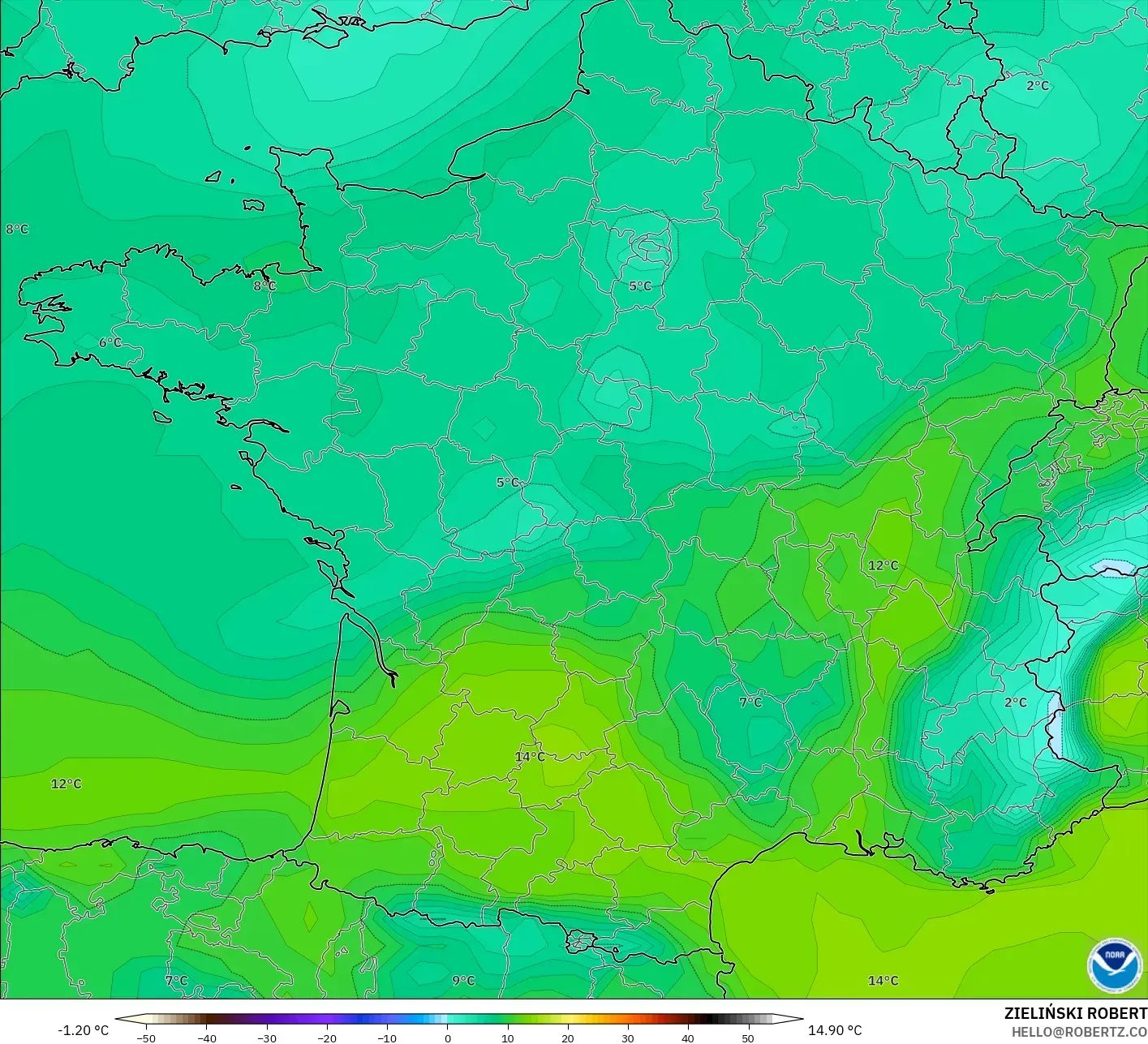 GFS modelo - Francia, Punto de rocío a 2 m