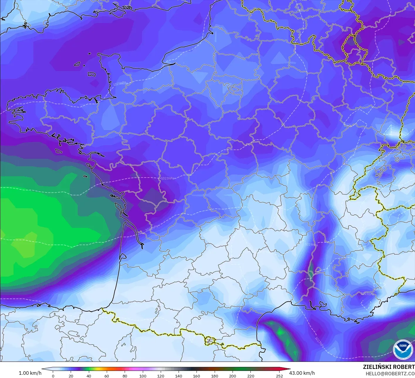 GFS modelo - Francia, Ráfagas de Viento Máximas