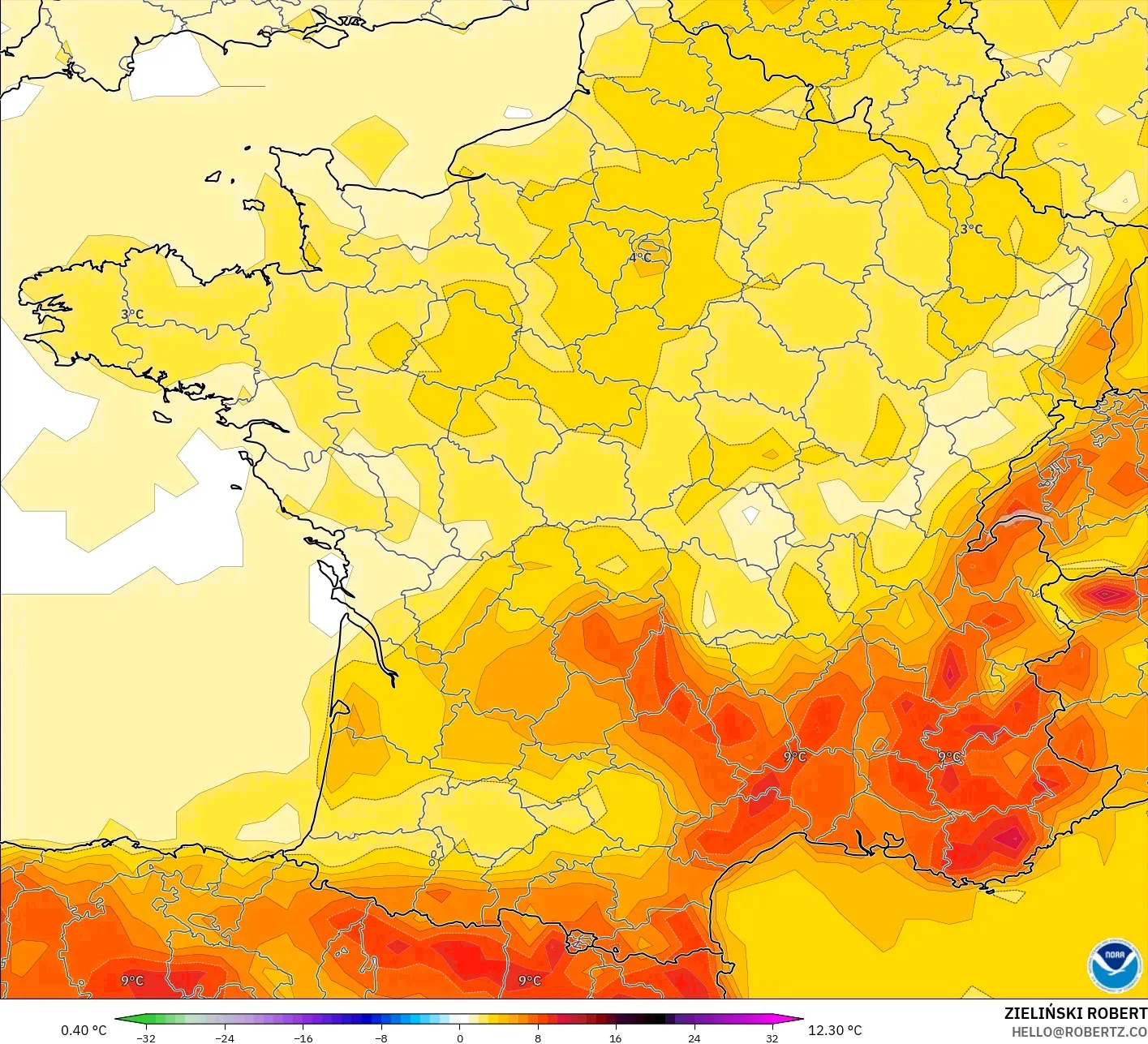 GFS modelo - Francia, Anomalía de temperatura a 2 m