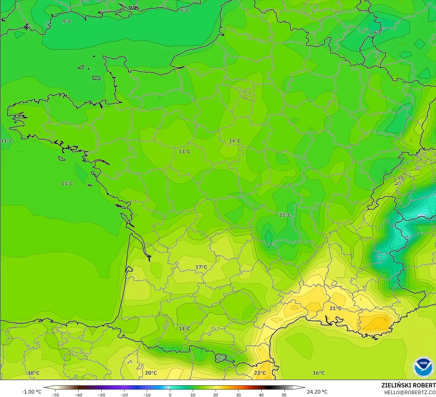 GFS modelo - Francia, Temperatura a 2 m