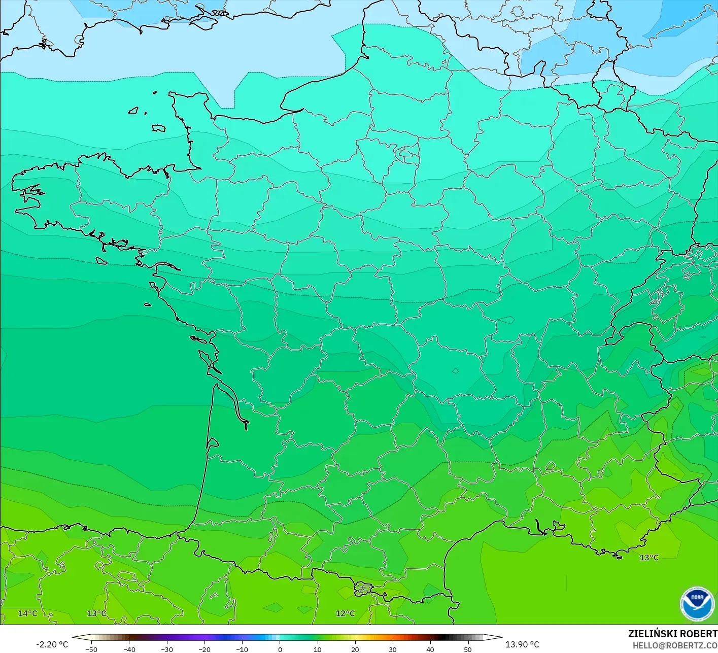 GFS modelo - Francia, Temperatura a 850 hPa