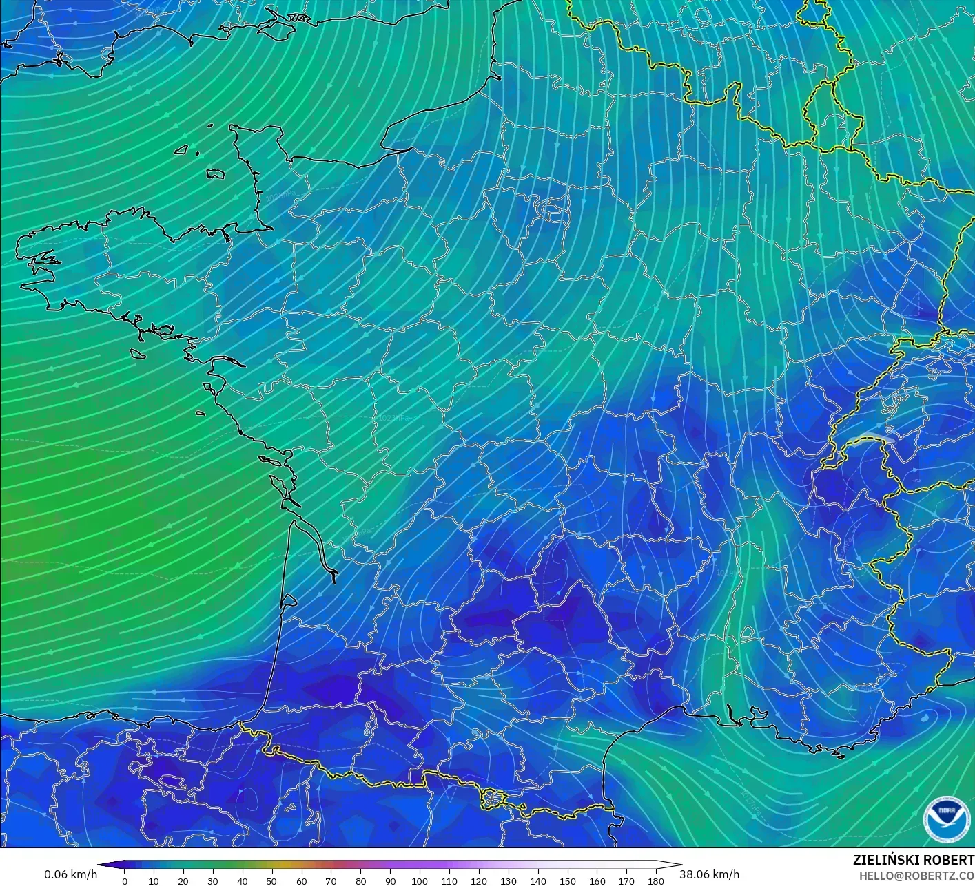 GFS modelo - Francia, Viento a 10 m