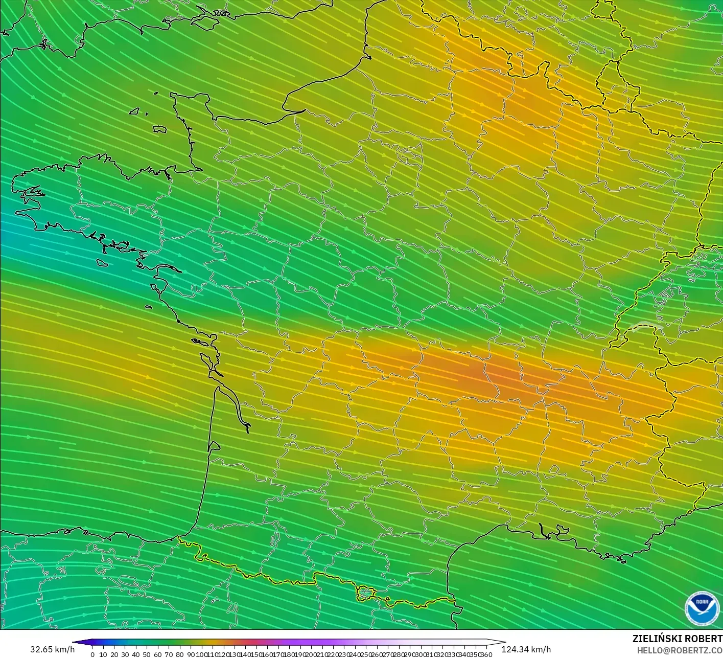 GFS modelo - Francia, Viento a 300 hPa (corriente en chorro)