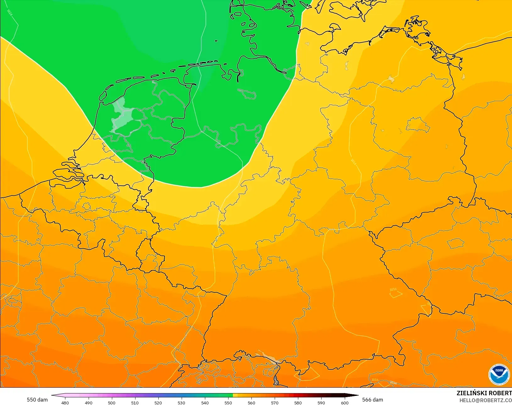 GFS modelo - Alemania, Altura geopotencial a 500 hPa