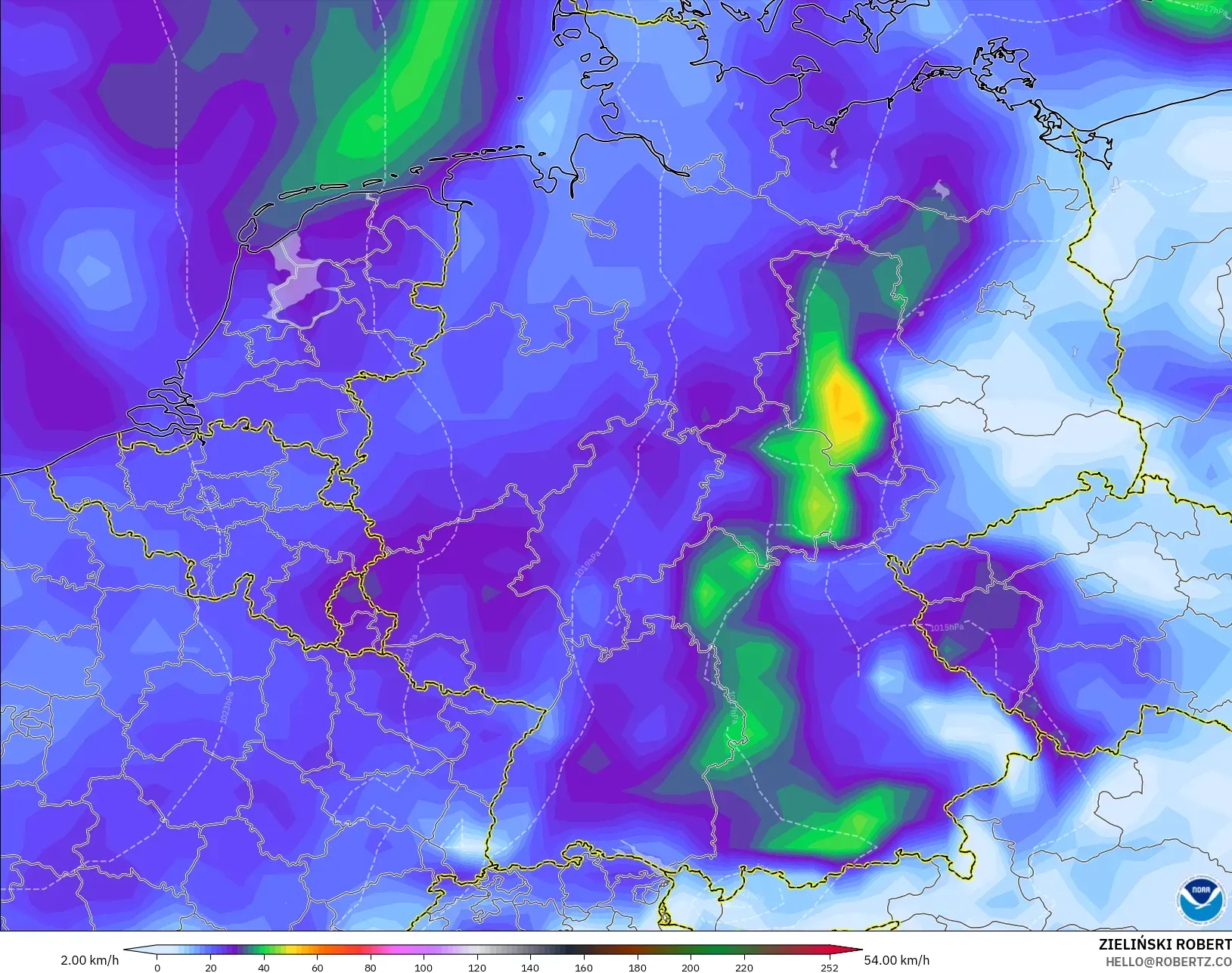 GFS modelo - Alemania, Ráfagas de Viento Máximas