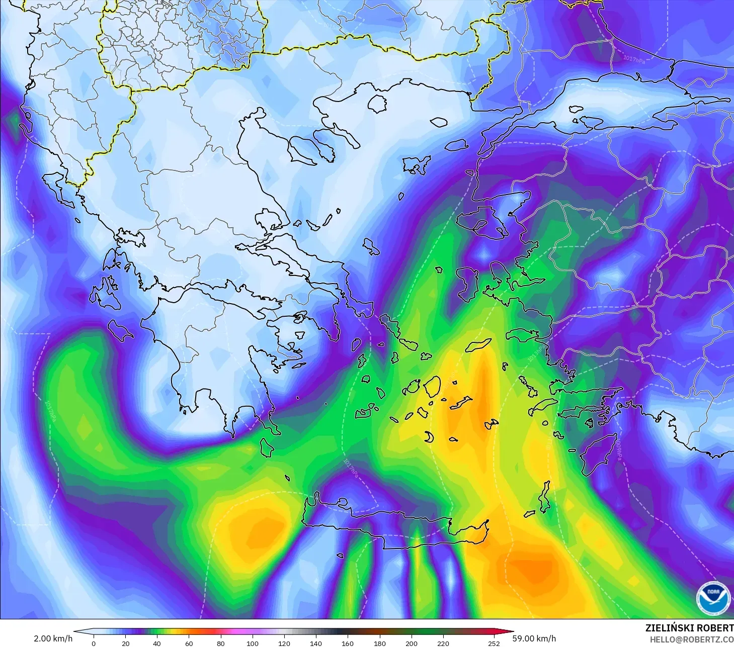 GFS modelo - Grecia, Ráfagas de viento