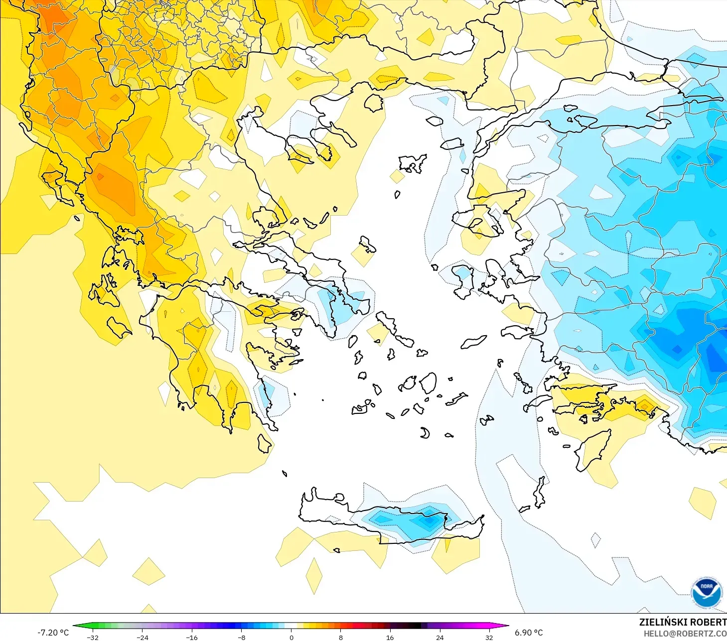 GFS modelo - Grecia, Anomalía de temperatura a 2 m