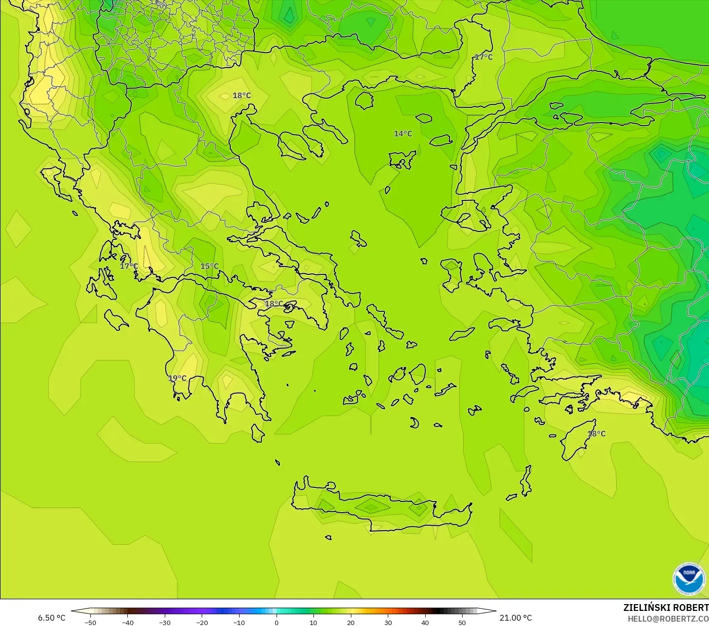 GFS modelo - Grecia, Temperatura a 2 m