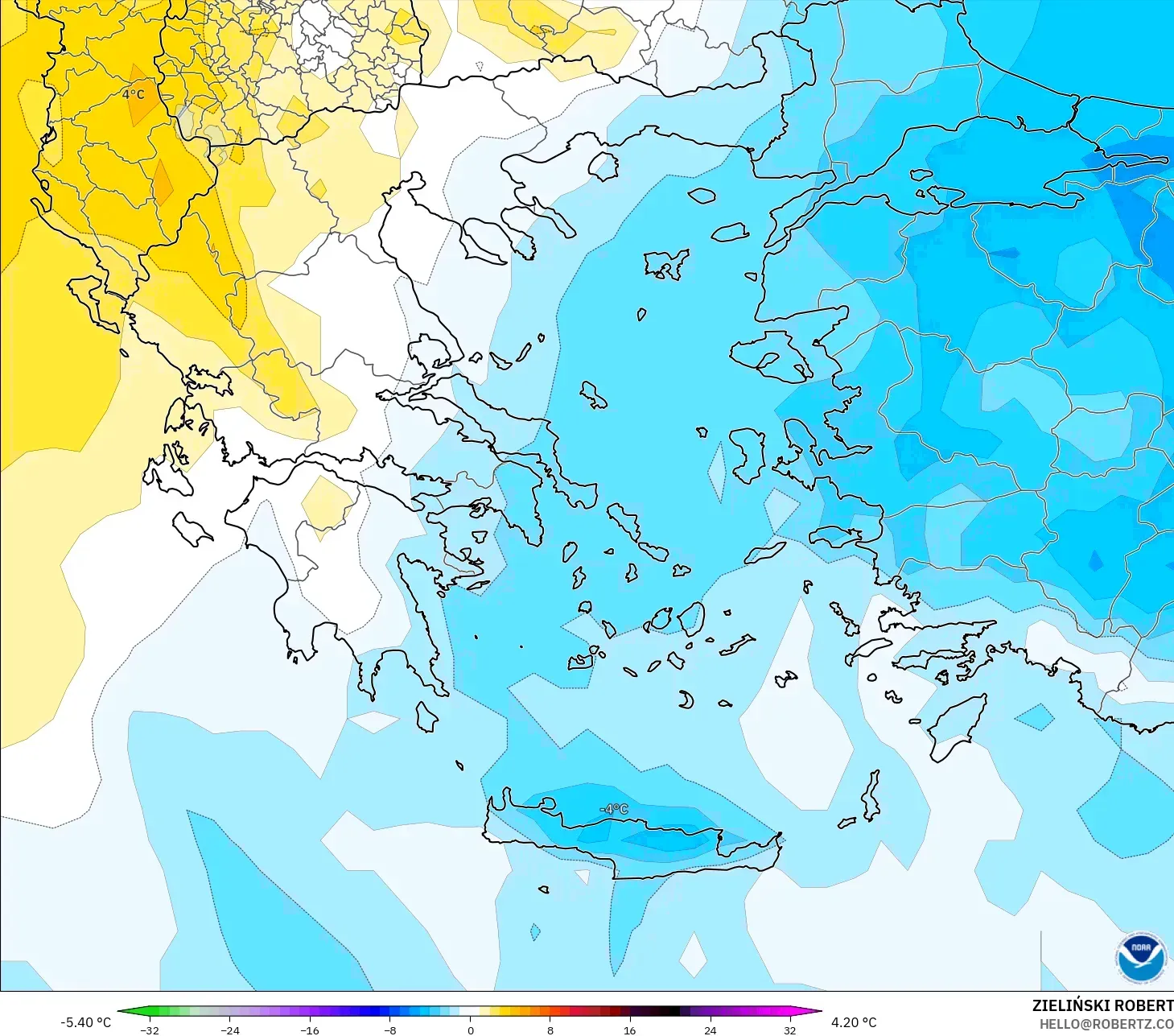 GFS modelo - Grecia, Anomalía de temperatura a 850 hPa