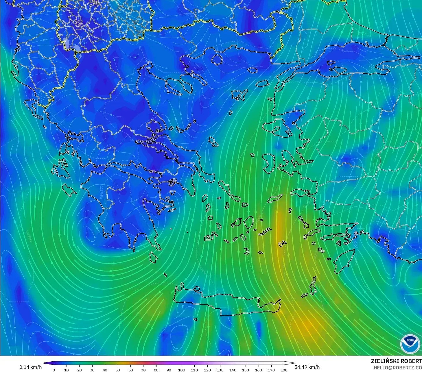 GFS modelo - Grecia, Viento a 10 m