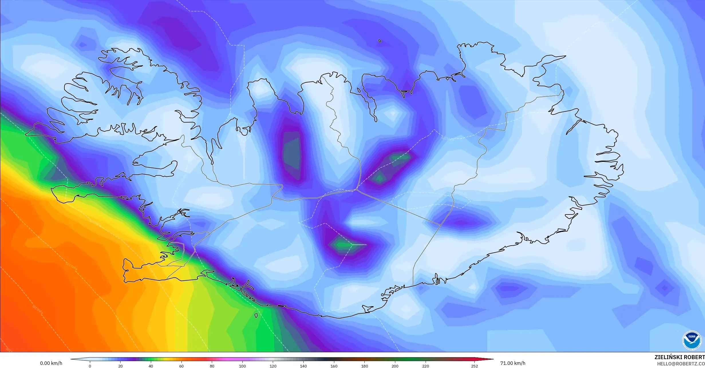 GFS modelo - Islandia, Ráfagas de viento